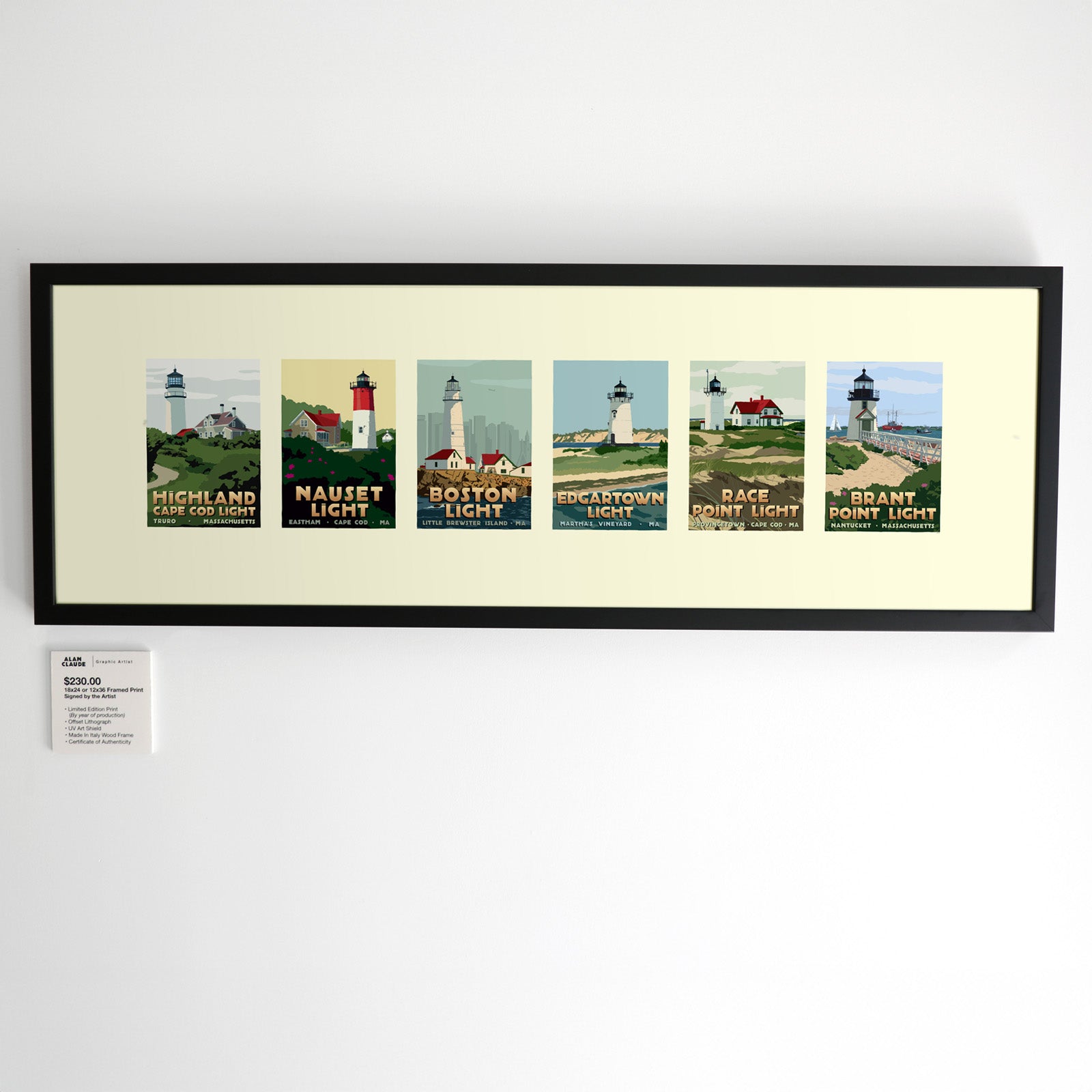 Massachusetts Lighthouse Series Art Print 12"x36" Horizontal Framed Travel Poster - Massachusetts