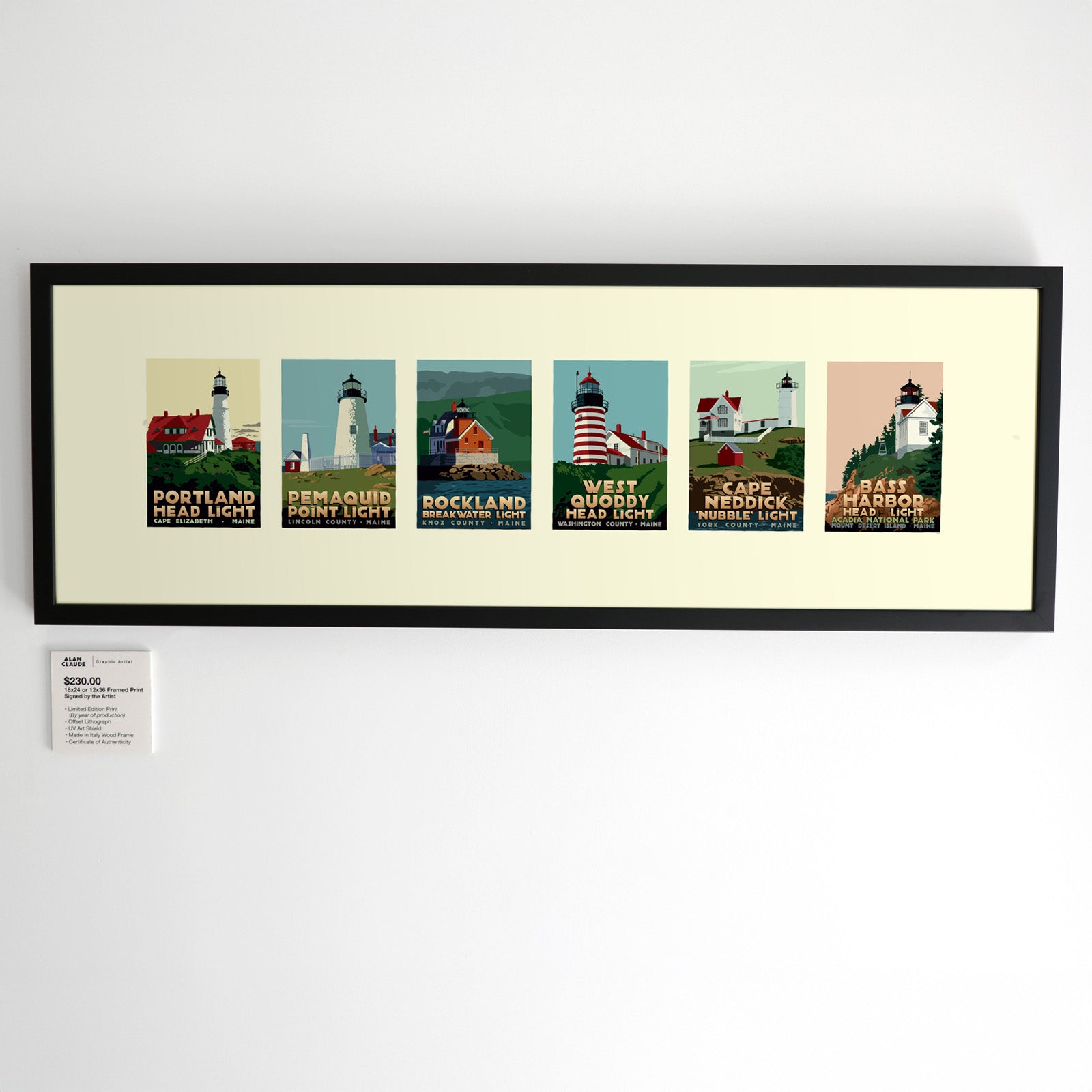 Maine Lighthouse Series Art Print 12" x 36" Framed Travel Poster - Maine