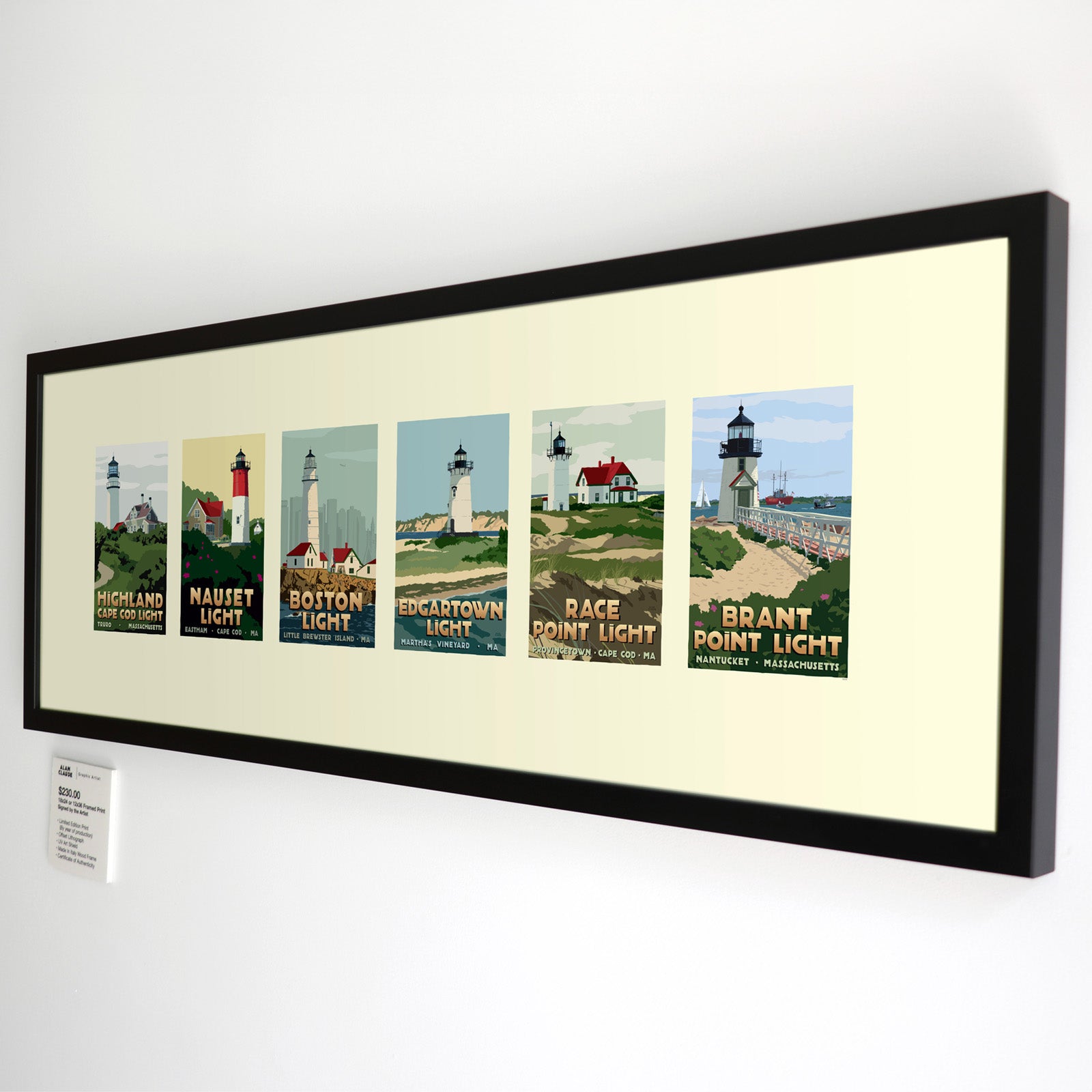 Massachusetts Lighthouse Series Art Print 12"x36" Horizontal Framed Travel Poster - Massachusetts