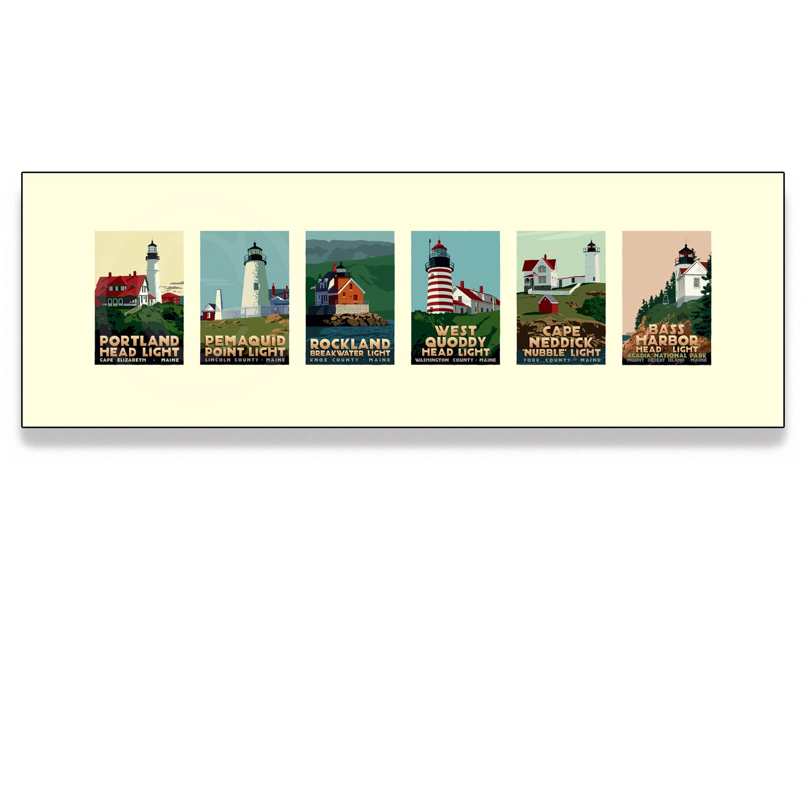 Maine Lighthouse Series Art Print 12" x 36" Travel Poster - Maine