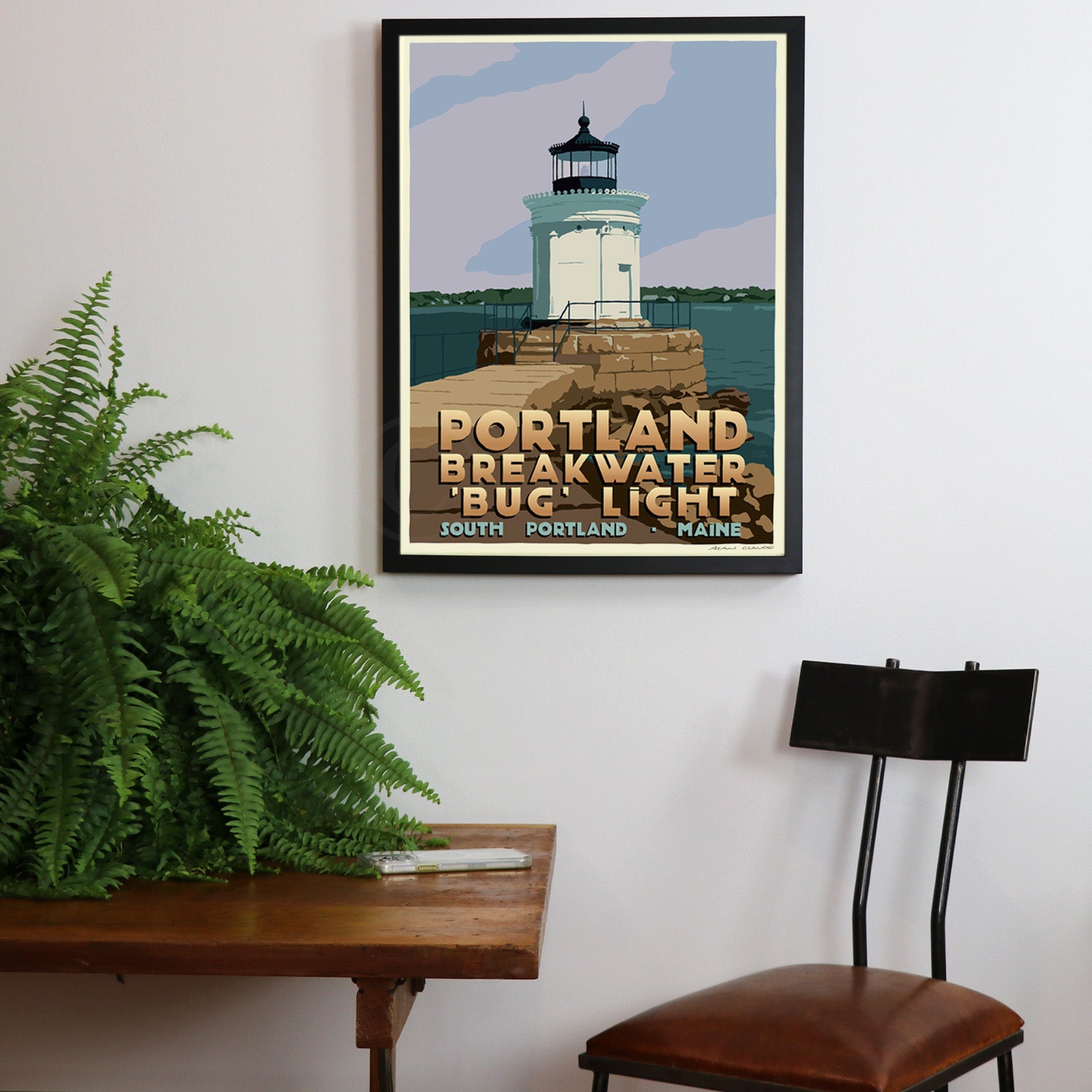 Portland Breakwater Bug Light Art Print 18" x 24" Framed Travel Poster By Alan Claude - Maine