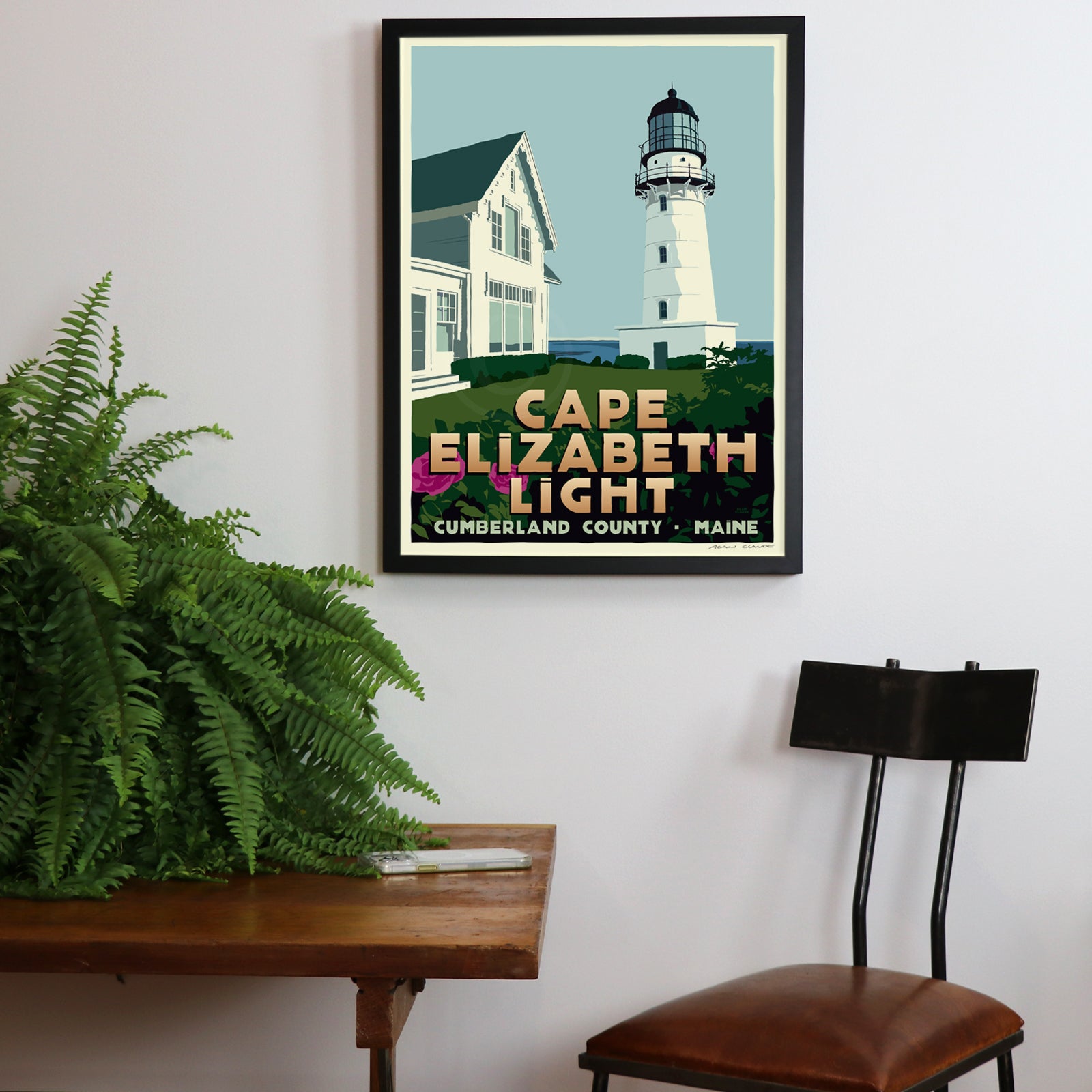 Cape Elizabeth Light Art Print 18" x 24" Framed Travel Poster (Thin Border) By Alan Claude - Maine