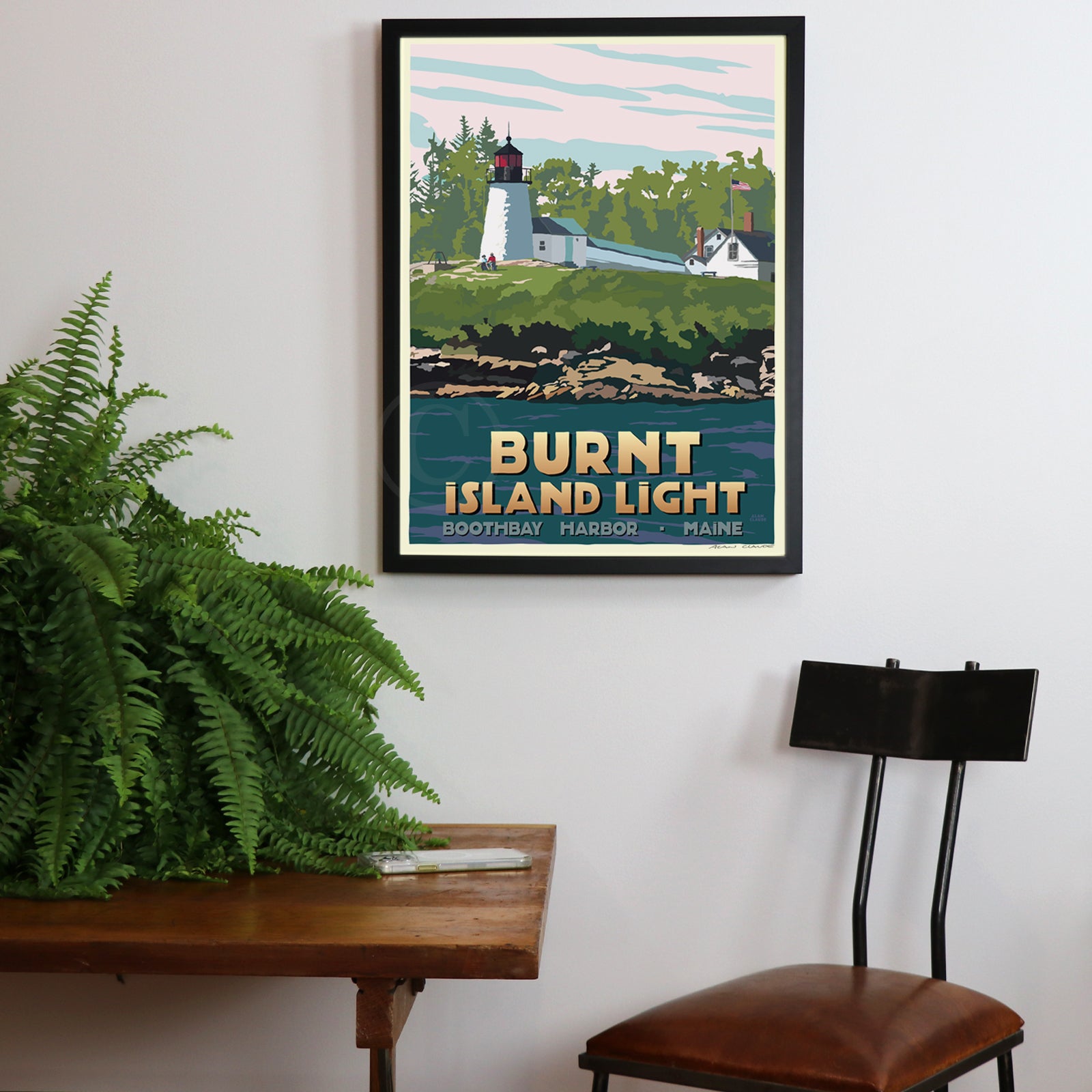 Burnt Island Light Art Print 18" x 24" Framed Travel Poster By Alan Claude - Maine
