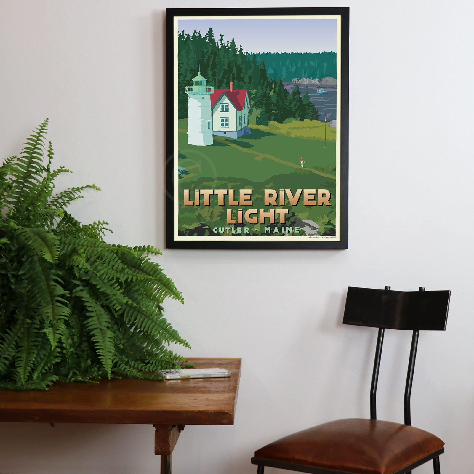 Little River Light Art Print 18" x 24" Framed Travel Poster By Alan Claude - Maine
