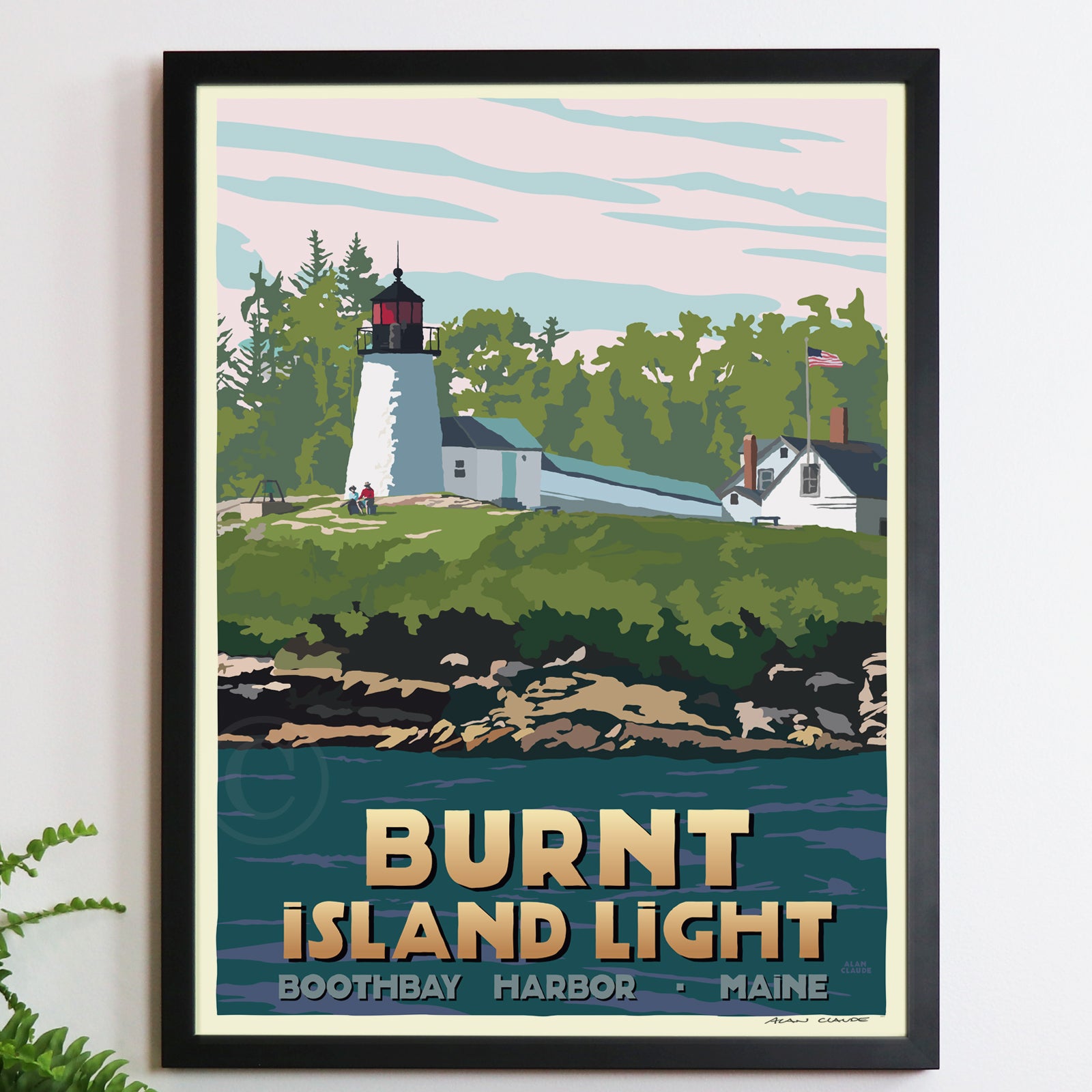 Burnt Island Light Art Print 18" x 24" Framed Travel Poster By Alan Claude - Maine