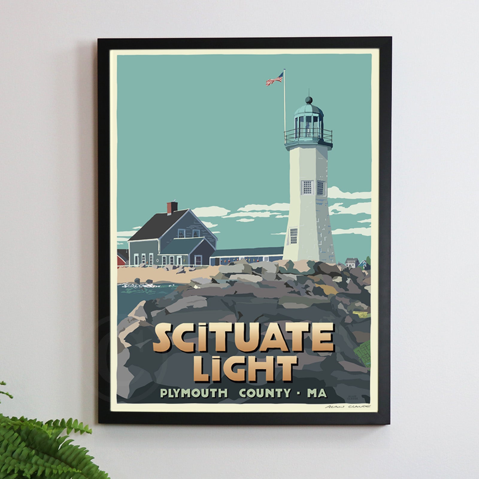 Scituate Light Art Print 18" x 24" Framed Travel Poster By Alan Claude - Massachusetts