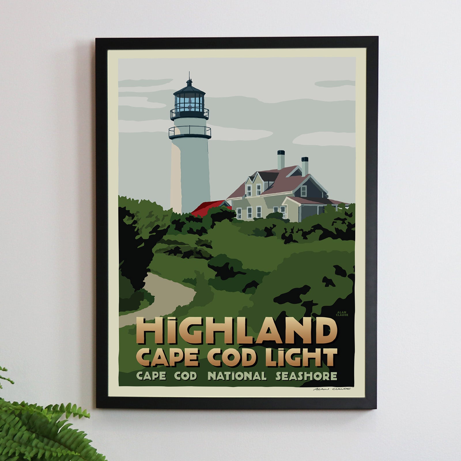Highland Light Art Print 18" x 24" Framed Travel Poster By Alan Claude - Massachusetts
