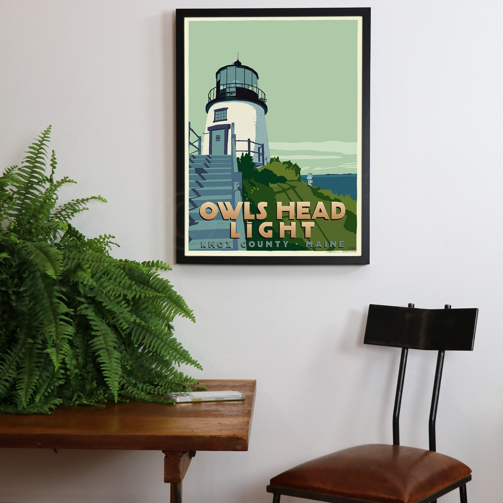Owls Head Light Art Print 18" x 24" Framed Travel Poster By Alan Claude - Maine