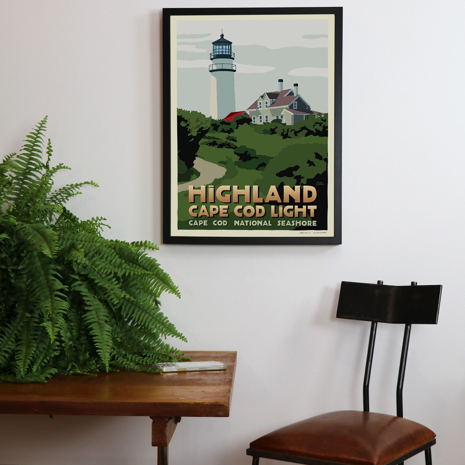 Highland Light Art Print 18" x 24" Framed Travel Poster By Alan Claude - Massachusetts