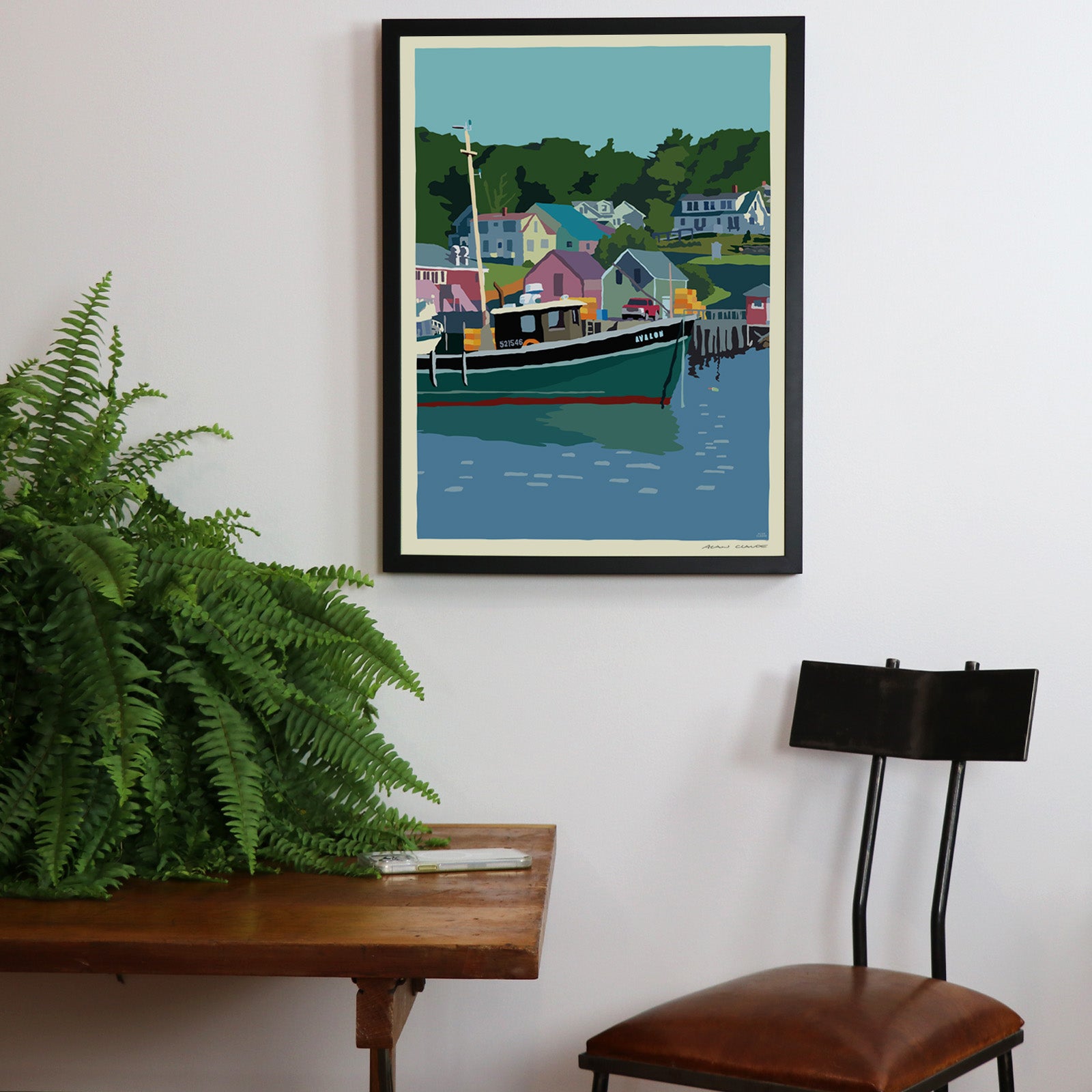 New Harbor Art Print 18" x 24" Framed Wall Poster By Alan Claude - Maine