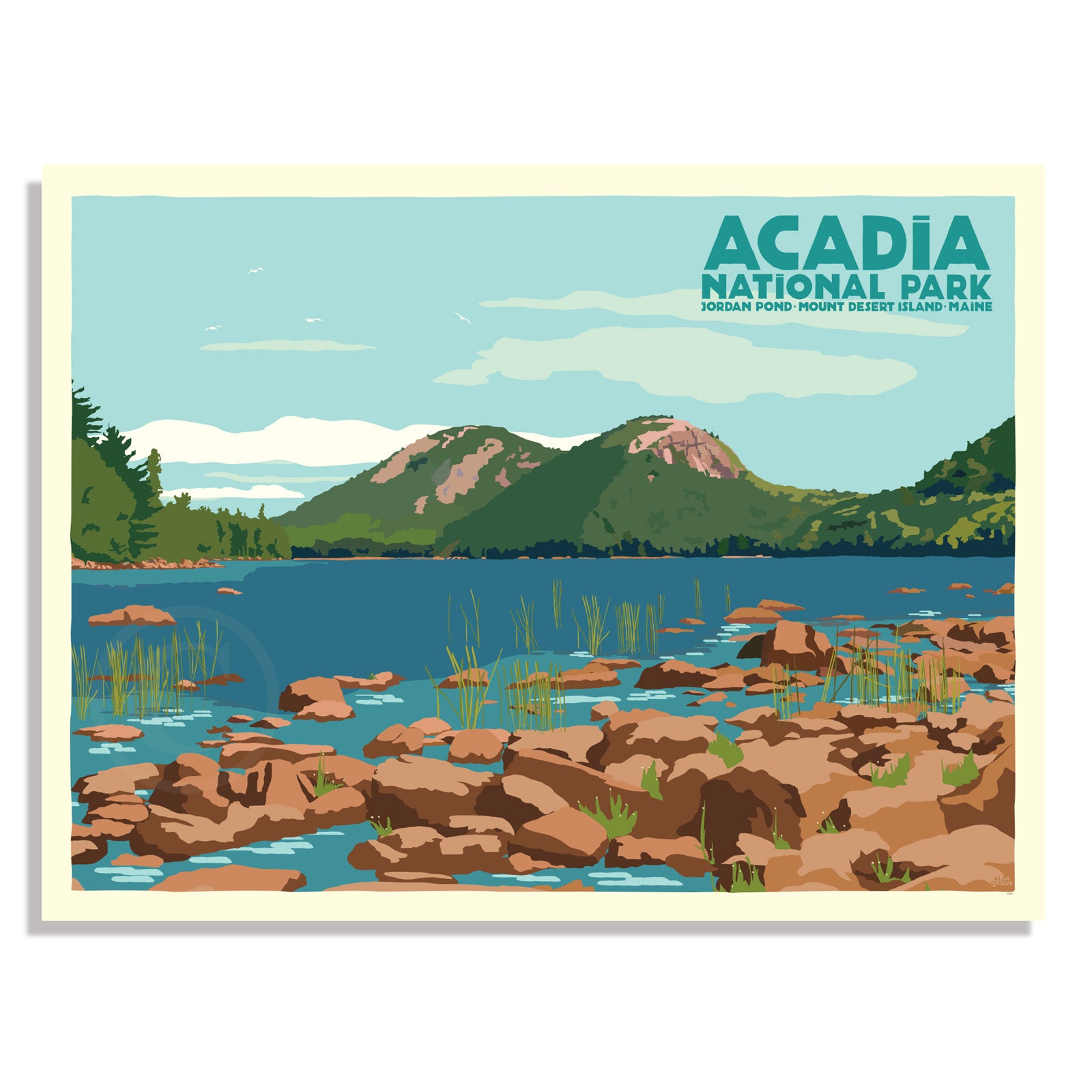 Jordan Pond Travel Poster Art Print 18" x 24" Wall Poster By Alan Claude - Maine