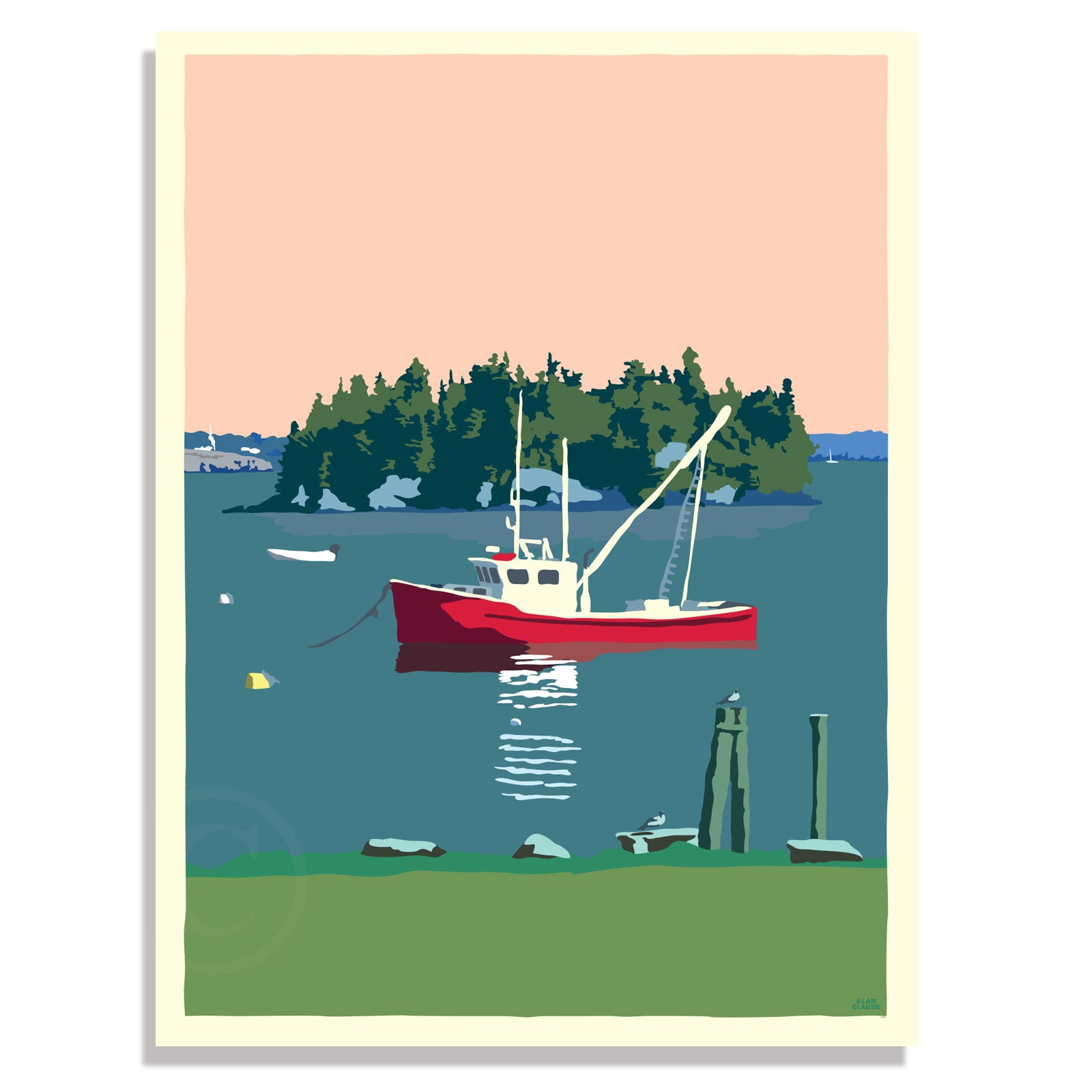 Lubec Lobster Boat Art Print 18" x 24" Wall Poster By Alan Claude - Maine