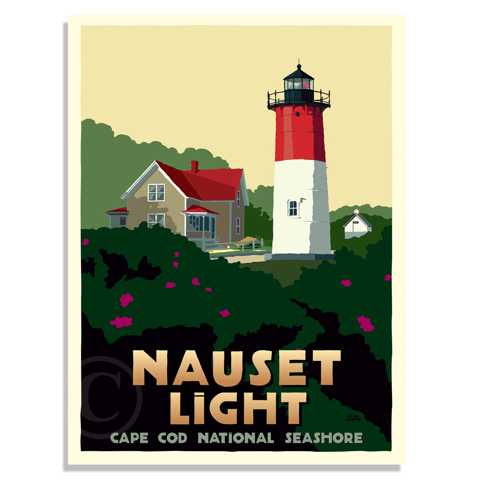Nauset Light Art Print 18" x 24" Travel Poster By Alan Claude - Massachusetts