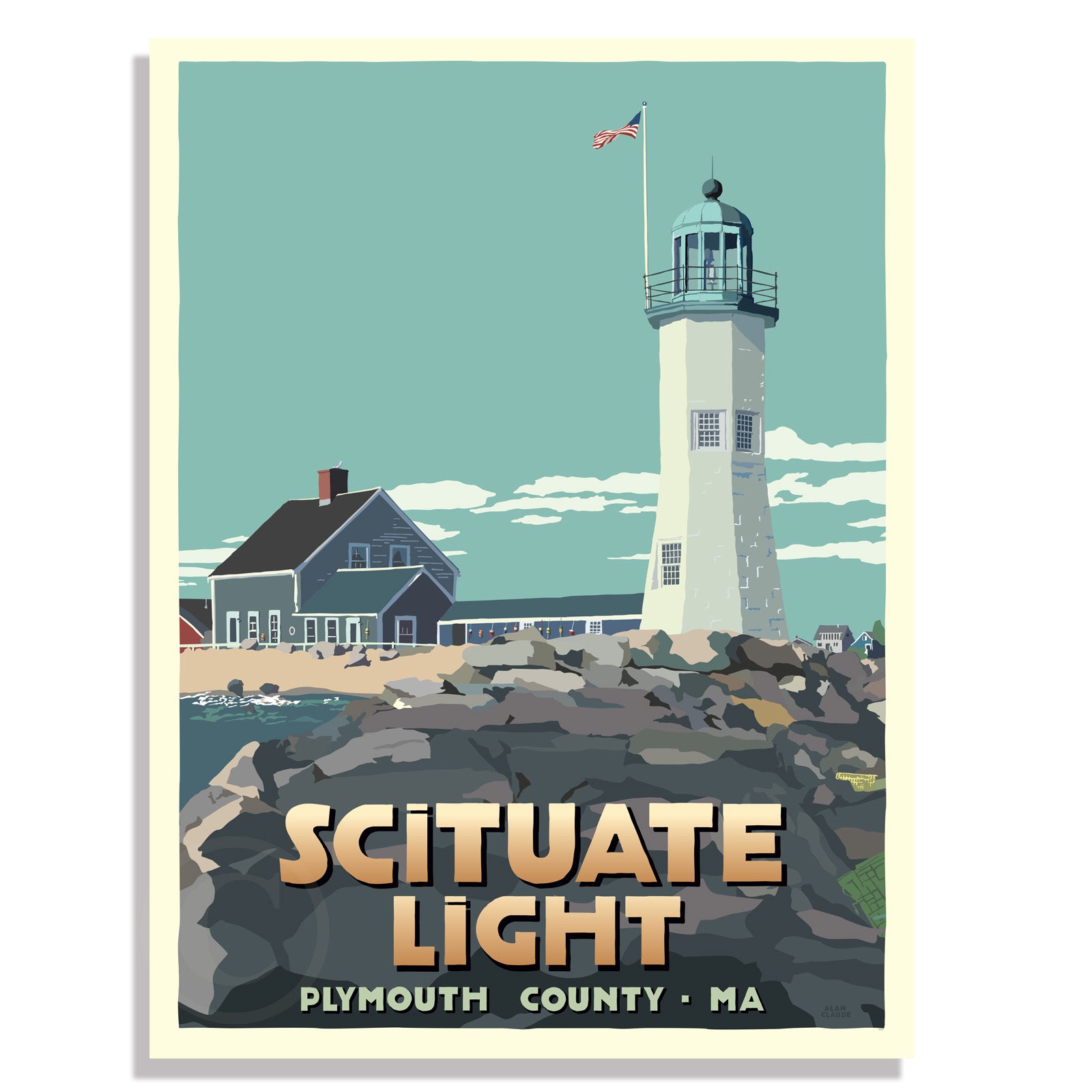 Scituate Light Art Print 18" x 24" Travel Poster By Alan Claude - Massachusetts