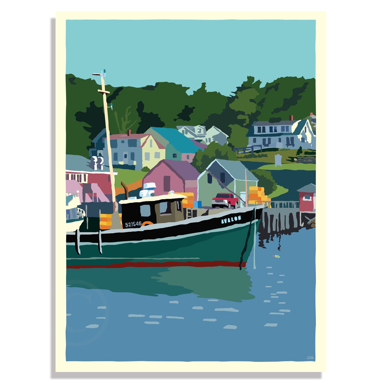 New Harbor Art Print 18" x 24" Travel Poster By Alan Claude - Bristol, Maine