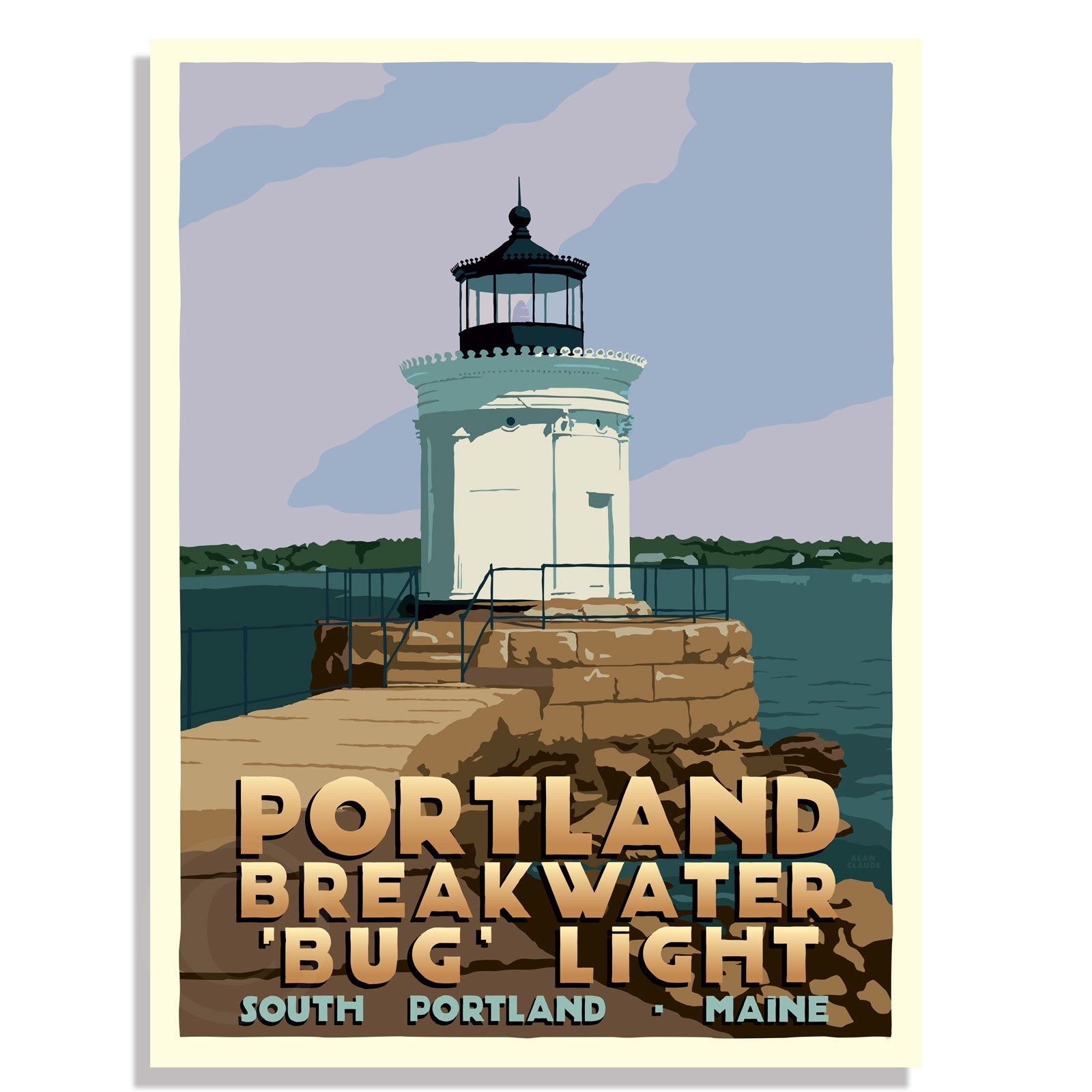 Portland Breakwater Bug Light Art Print 18" x 24" Travel Poster By Alan Claude - Maine
