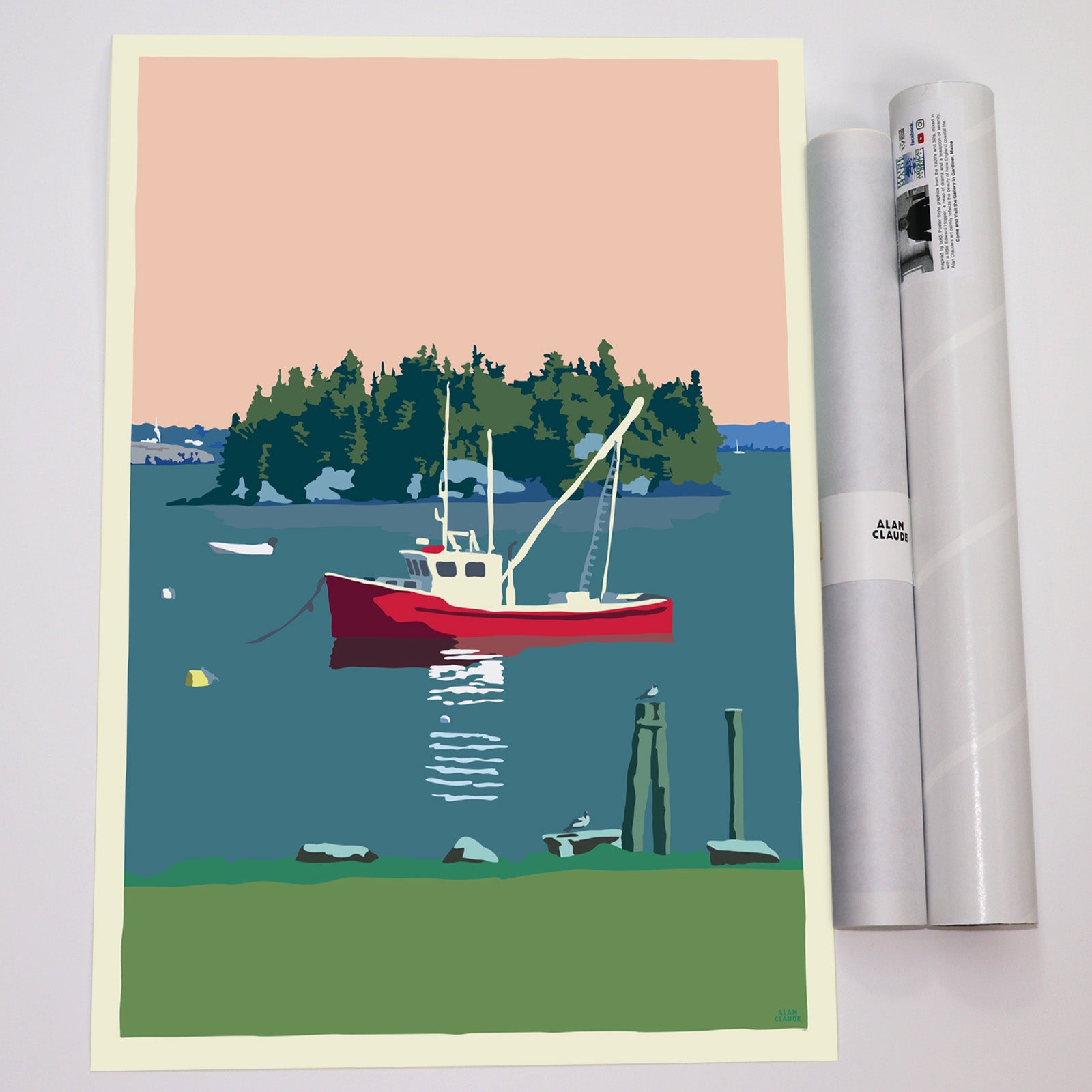 Lubec Lobster Boat Art Print 18" x 24" Wall Poster By Alan Claude - Maine