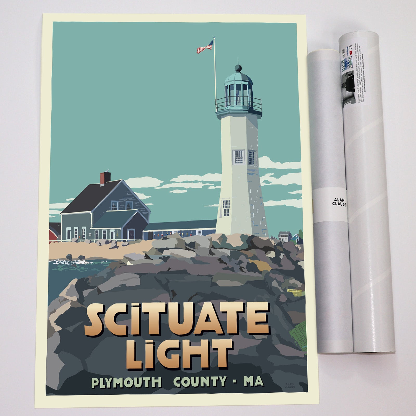 Scituate Light Art Print 18" x 24" Travel Poster By Alan Claude - Massachusetts