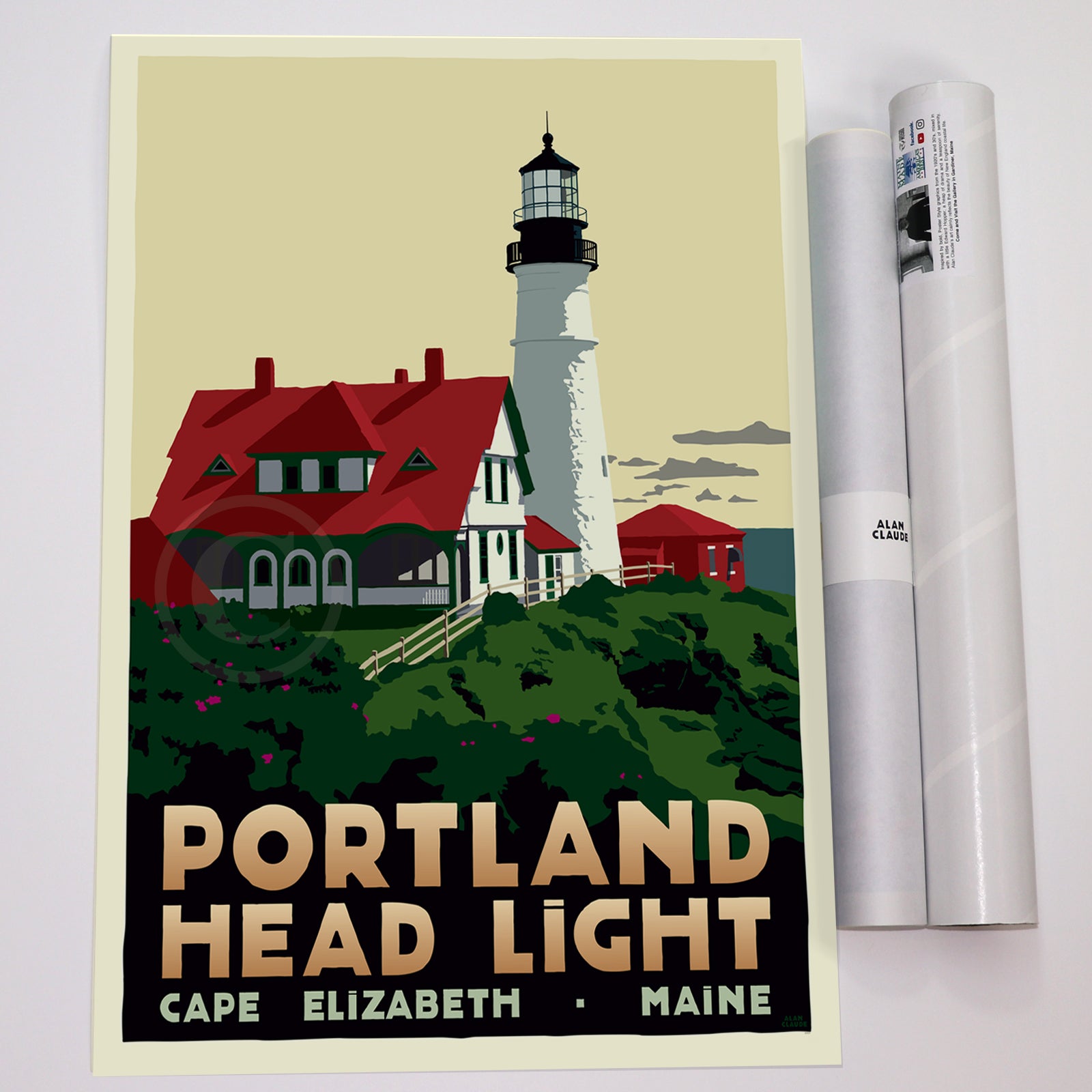 Portland Head Light Lighthouse Art Print 18" x 24" Travel Poster By Alan Claude - Maine