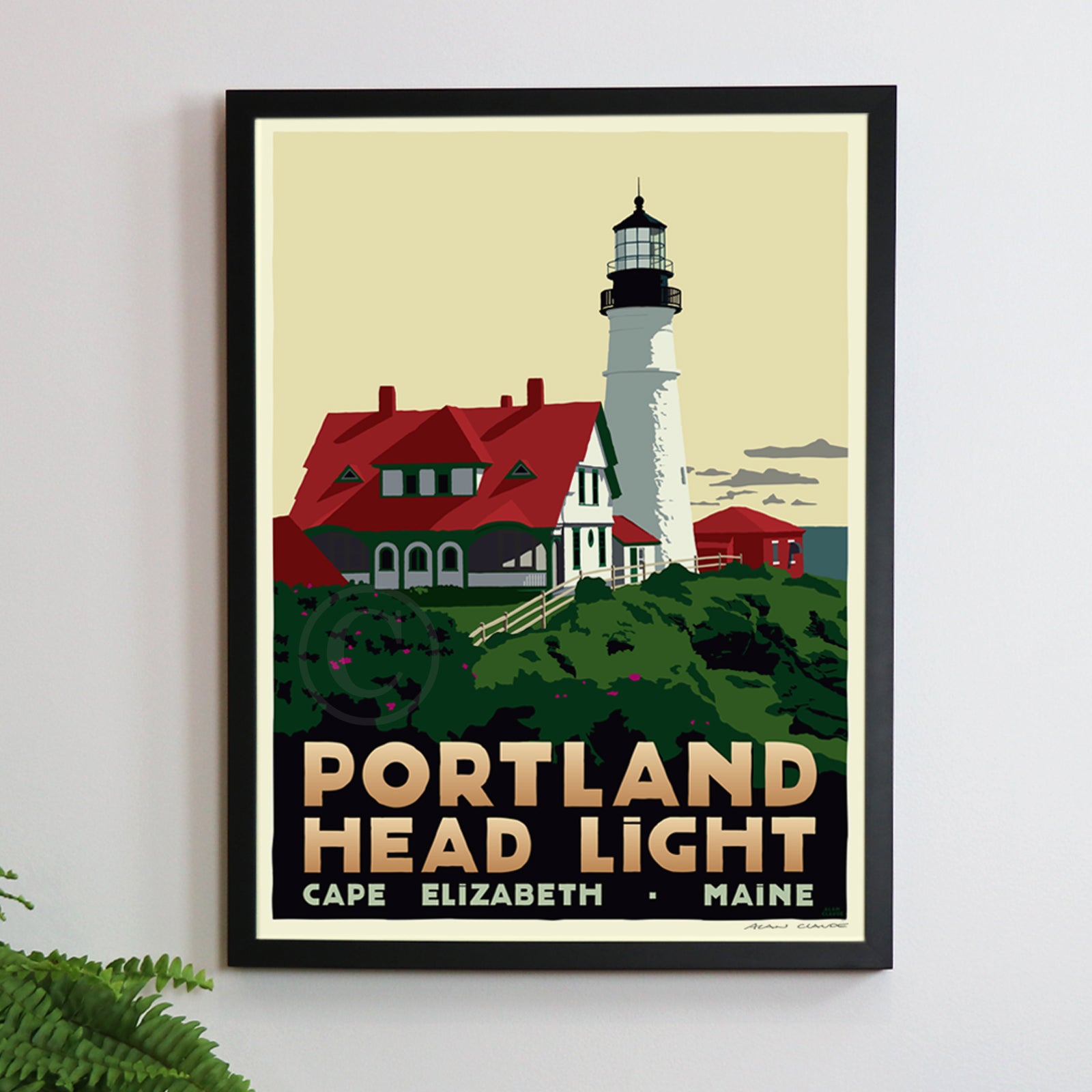 Portland Head Light Art Print 18" x 24" Framed Travel Poster (Thin Border) By Alan Claude - Maine