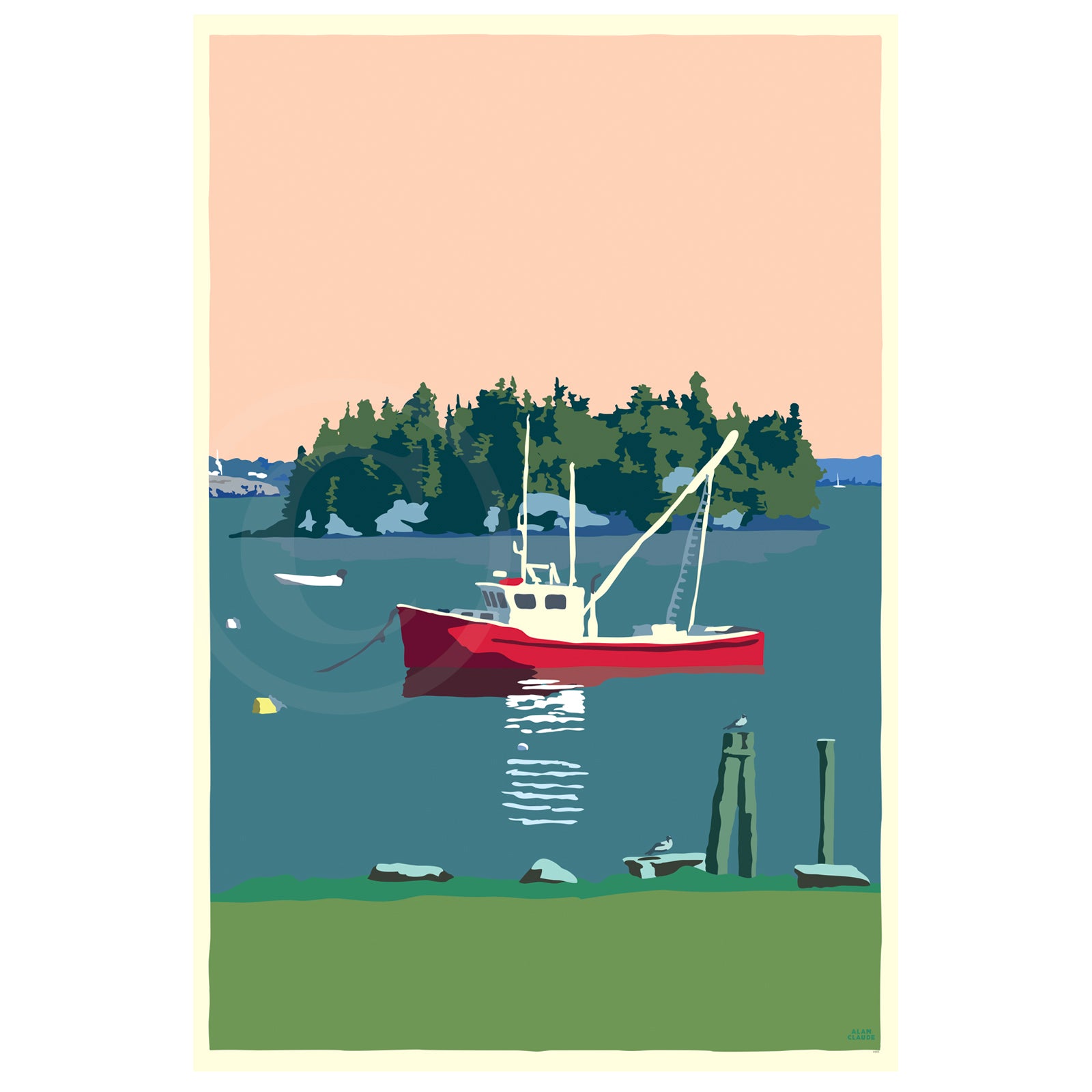 Lubec Lobster Boat Art Print 36" x 53" Grand View Framed Wall Poster - Maine