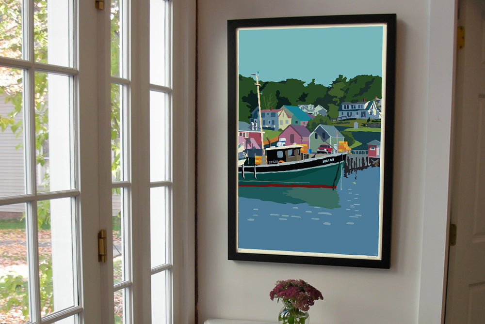 New Harbor Art Print 24" x 36" Framed Wall Poster By Alan Claude - Maine