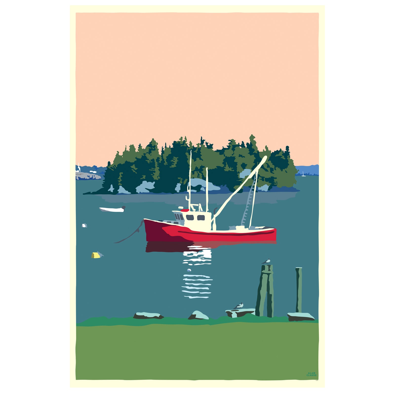 Lubec Lobster Boat Art Print 24" x 36" Wall Vertical Poster By Alan Claude - Maine