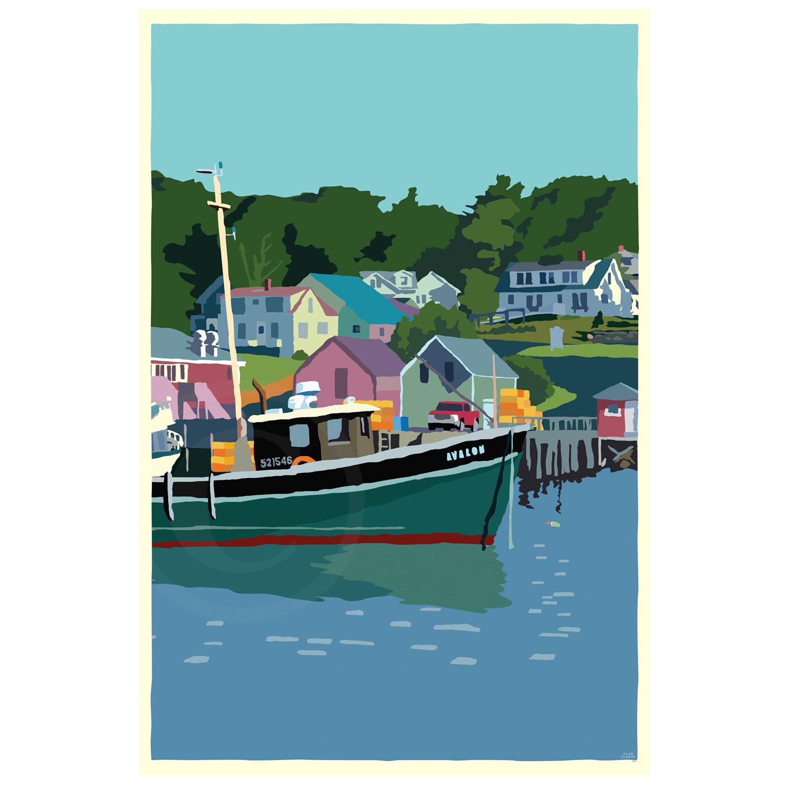 New Harbor Art Print 24" x 36" Wall Vertical Poster By Alan Claude - Maine