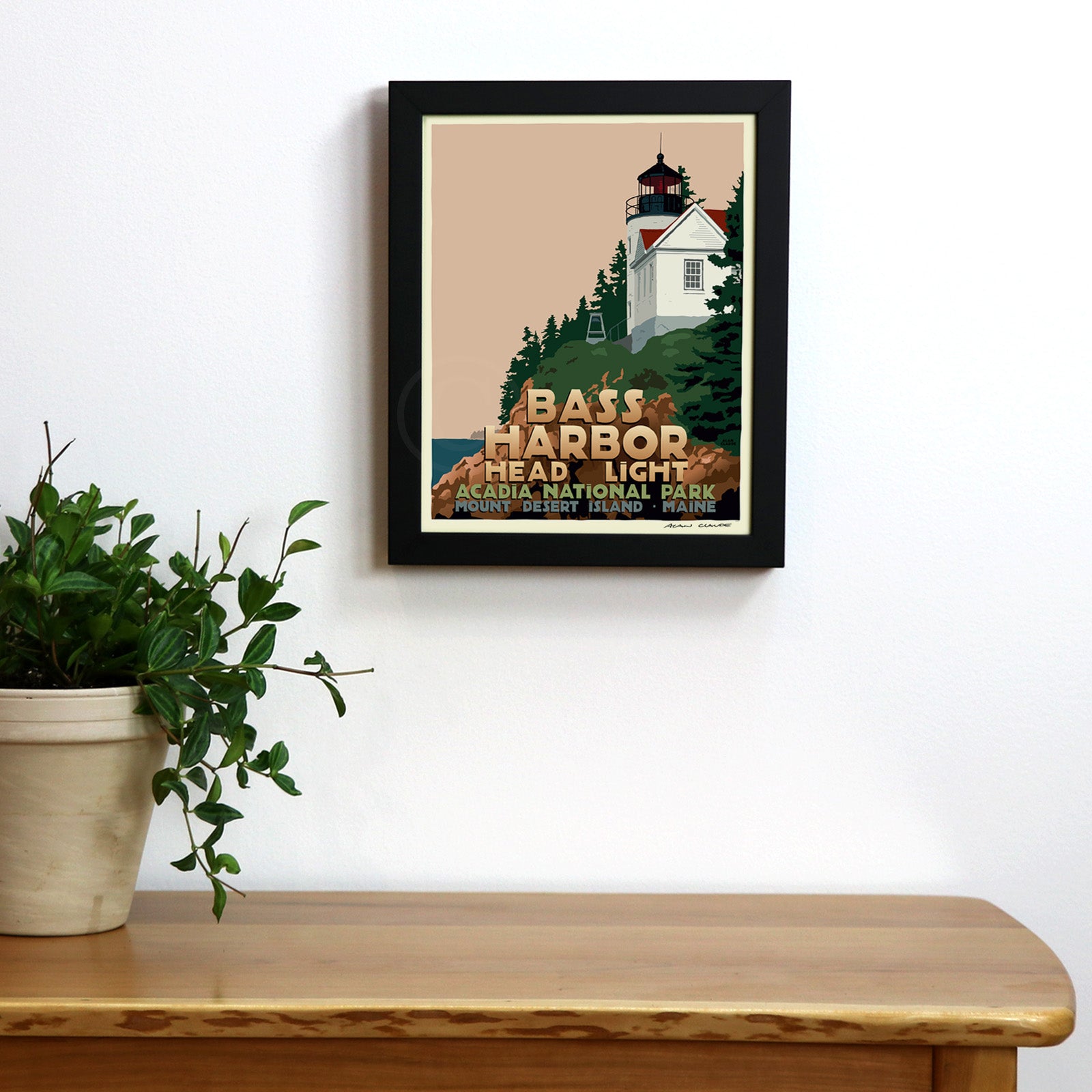 Bass Harbor Head Light Art Print 8" x 10" Framed Travel Poster By Alan Claude - Maine