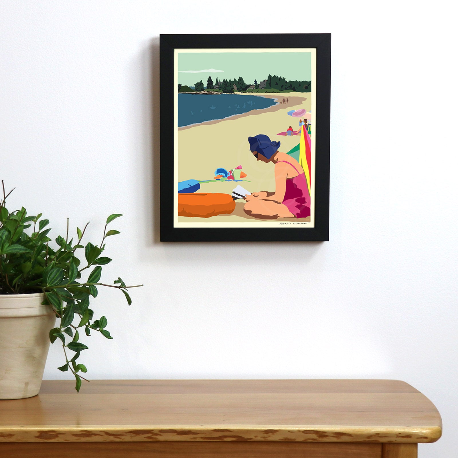 Good Book At The Beach Art Print 8" x 10" Framed Wall Poster By Alan Claude - Maine