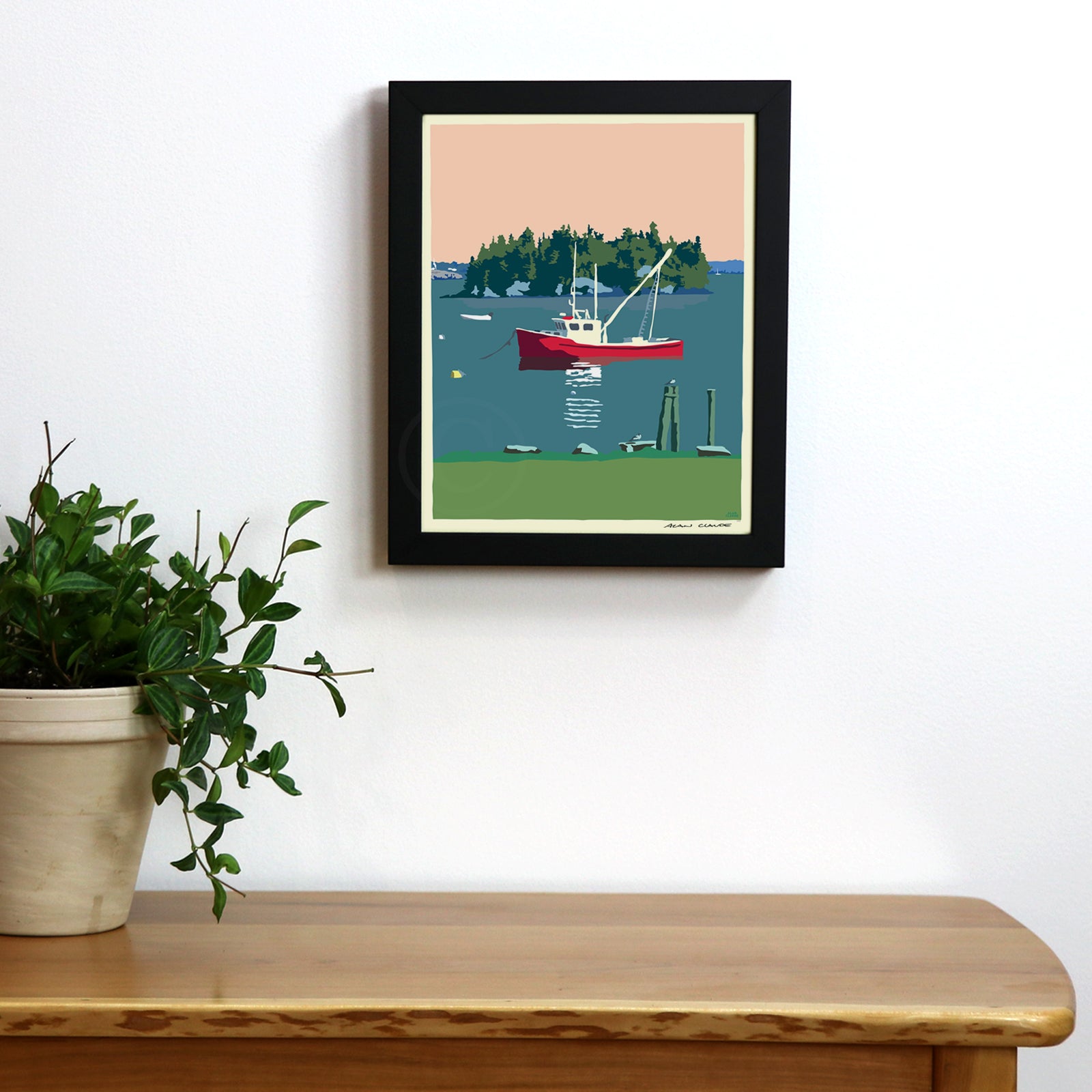 Lubec Lobster Boat Art Print 8" x 10" Framed Wall Poster By Alan Claude - Maine