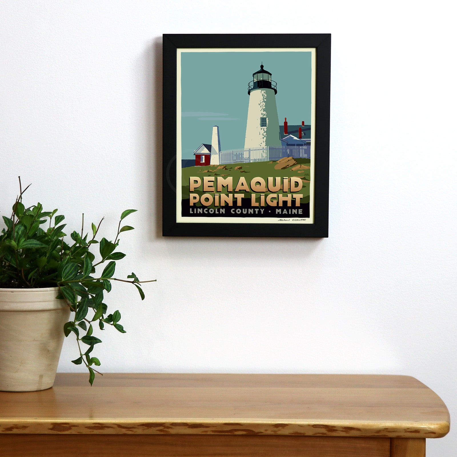 Pemaquid Point Light Art Print 8" x 10" Framed Travel Poster By Alan Claude - Maine