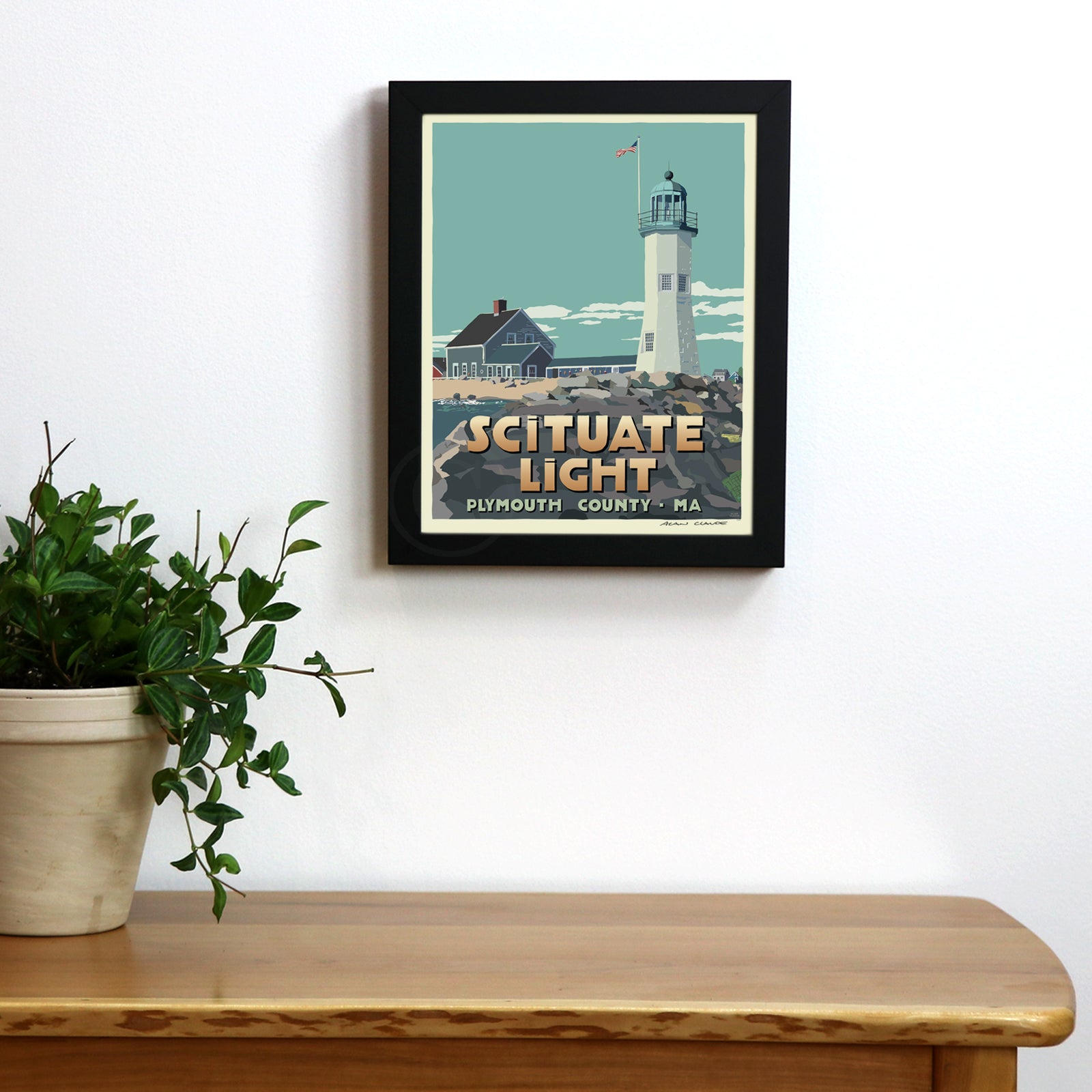 Scituate Light Art Print 8" x 10" Framed Travel Poster By Alan Claude - Massachusetts