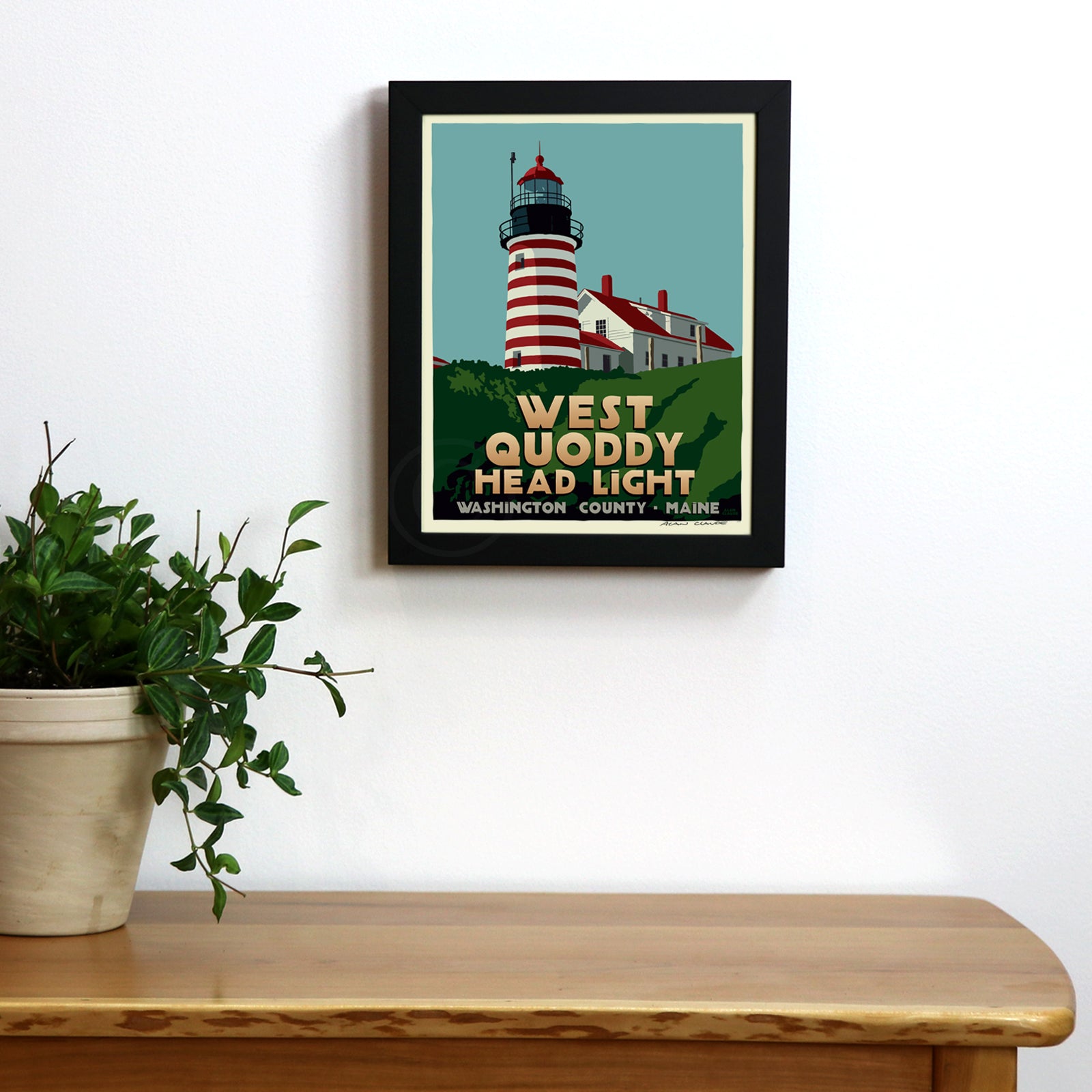 West Quoddy Head Light Art Print 8" x 10" Framed Travel Poster By Alan Claude - Maine
