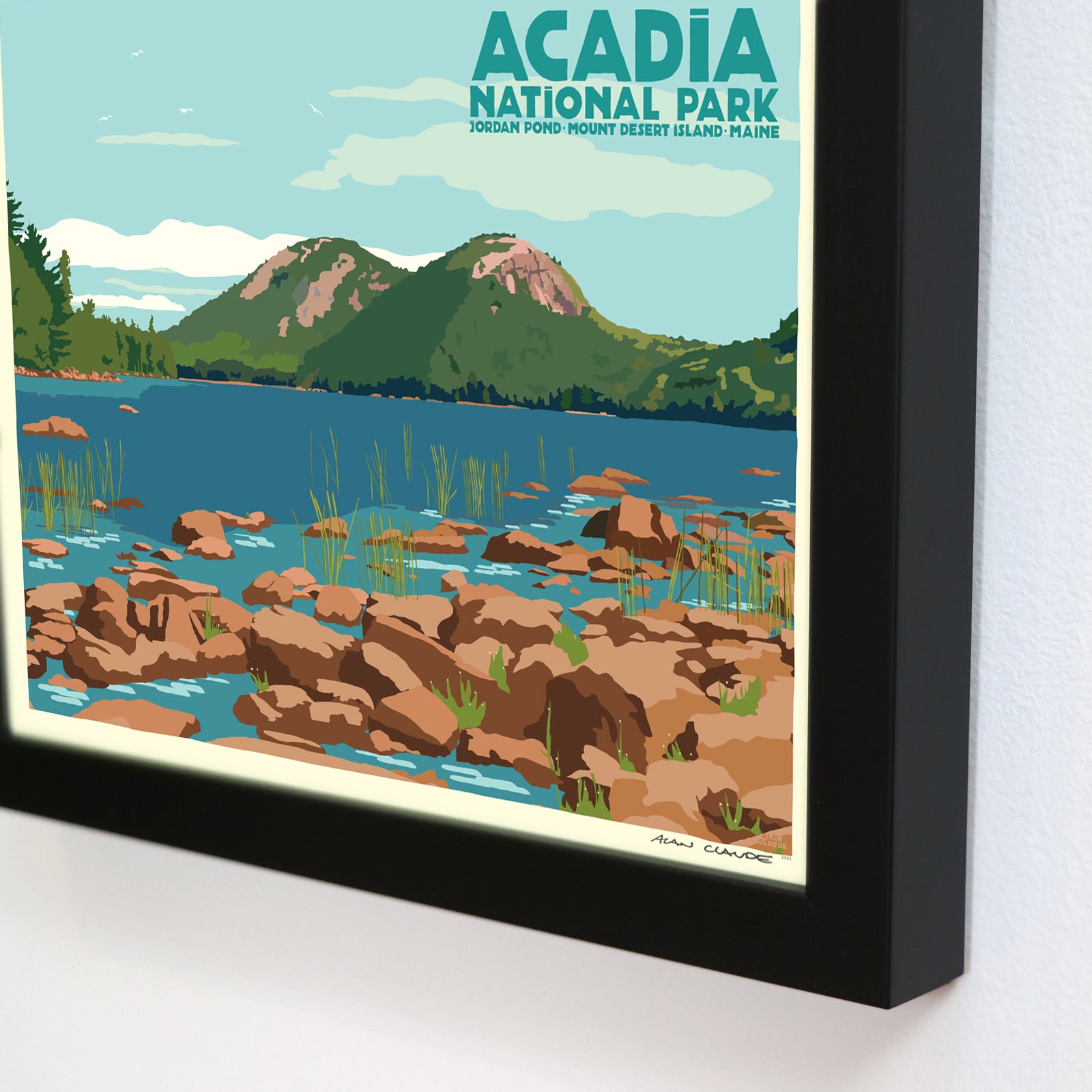 Jordan Pond Art Print Travel Poster (with title) 8" x 10" Framed By Alan Claude - Maine
