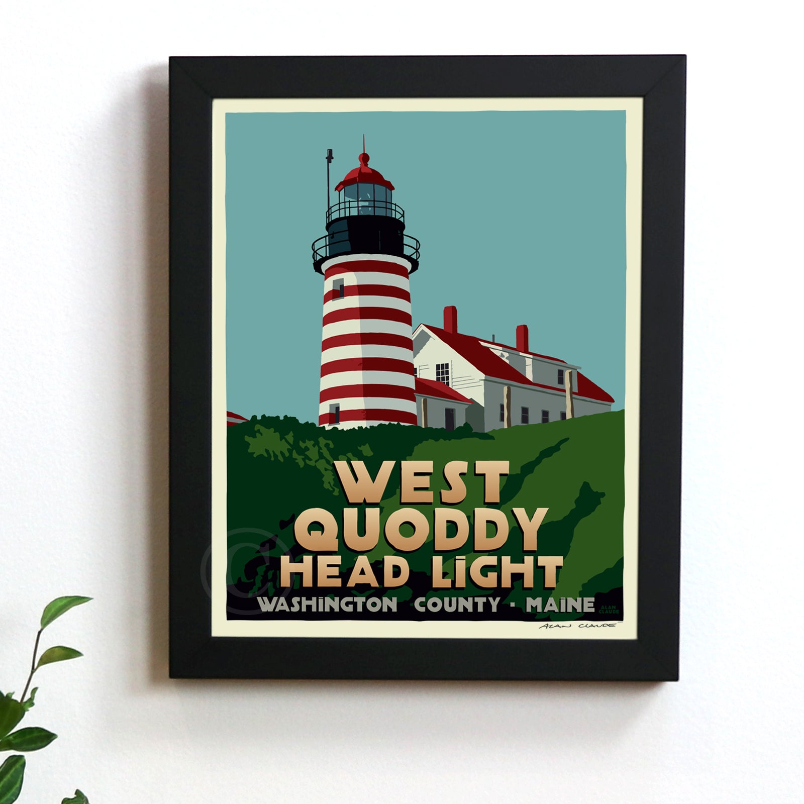 West Quoddy Head Light Art Print 8" x 10" Framed Travel Poster By Alan Claude - Maine