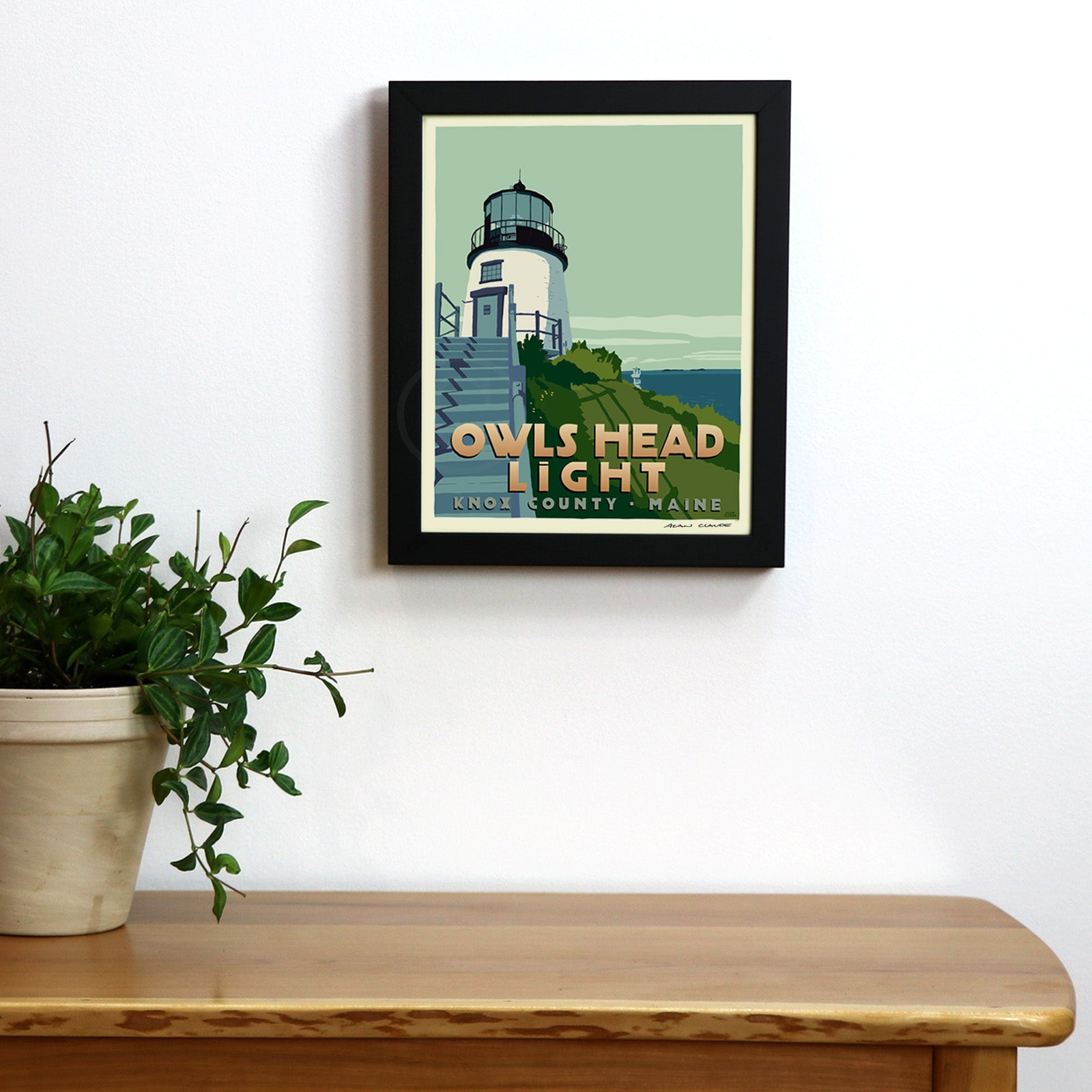 Owls Head Light Art Print 8" x 10" Framed Travel Poster By Alan Claude - Maine