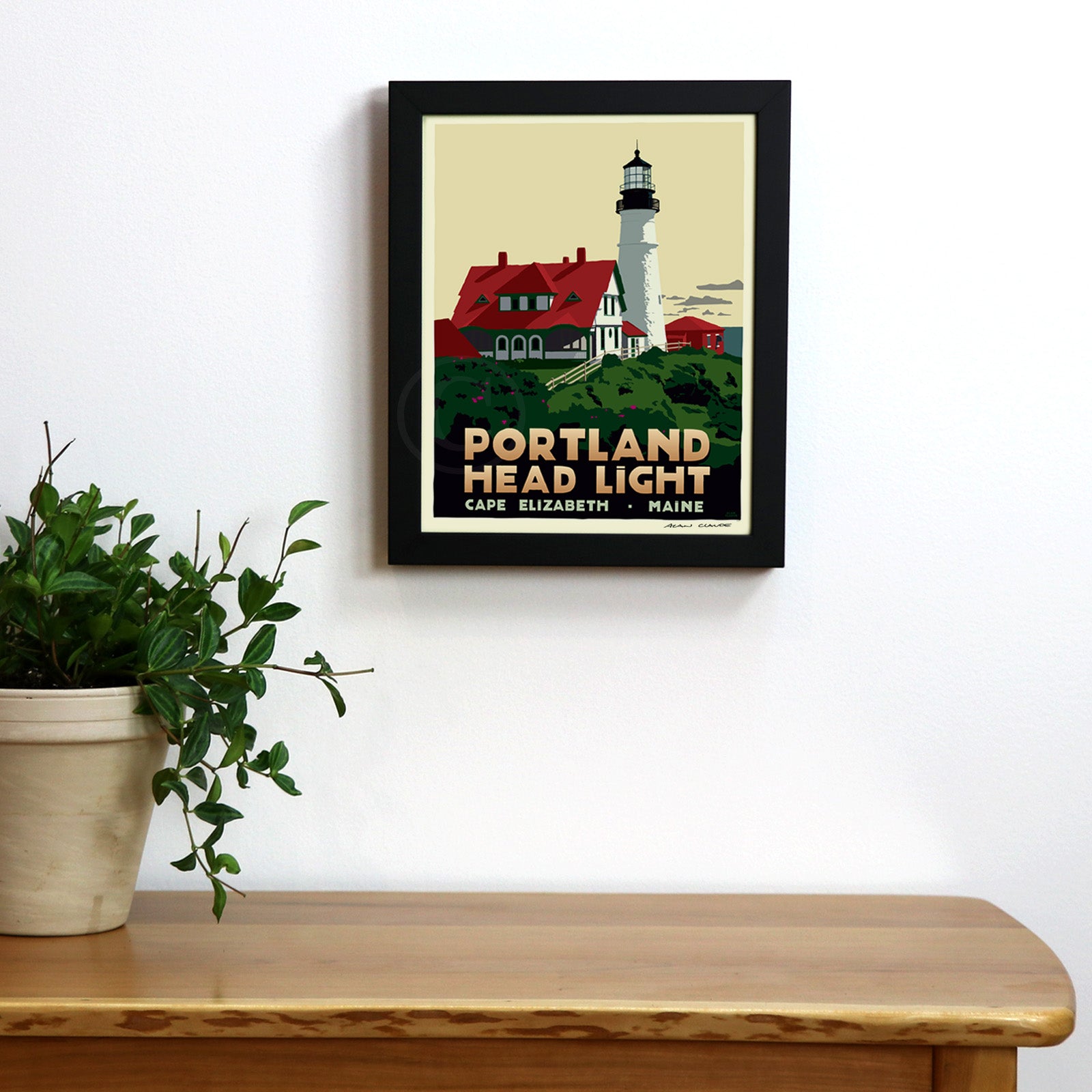 Portland Head Light Art Print 8" x 10" Framed Travel Poster By Alan Claude - Maine