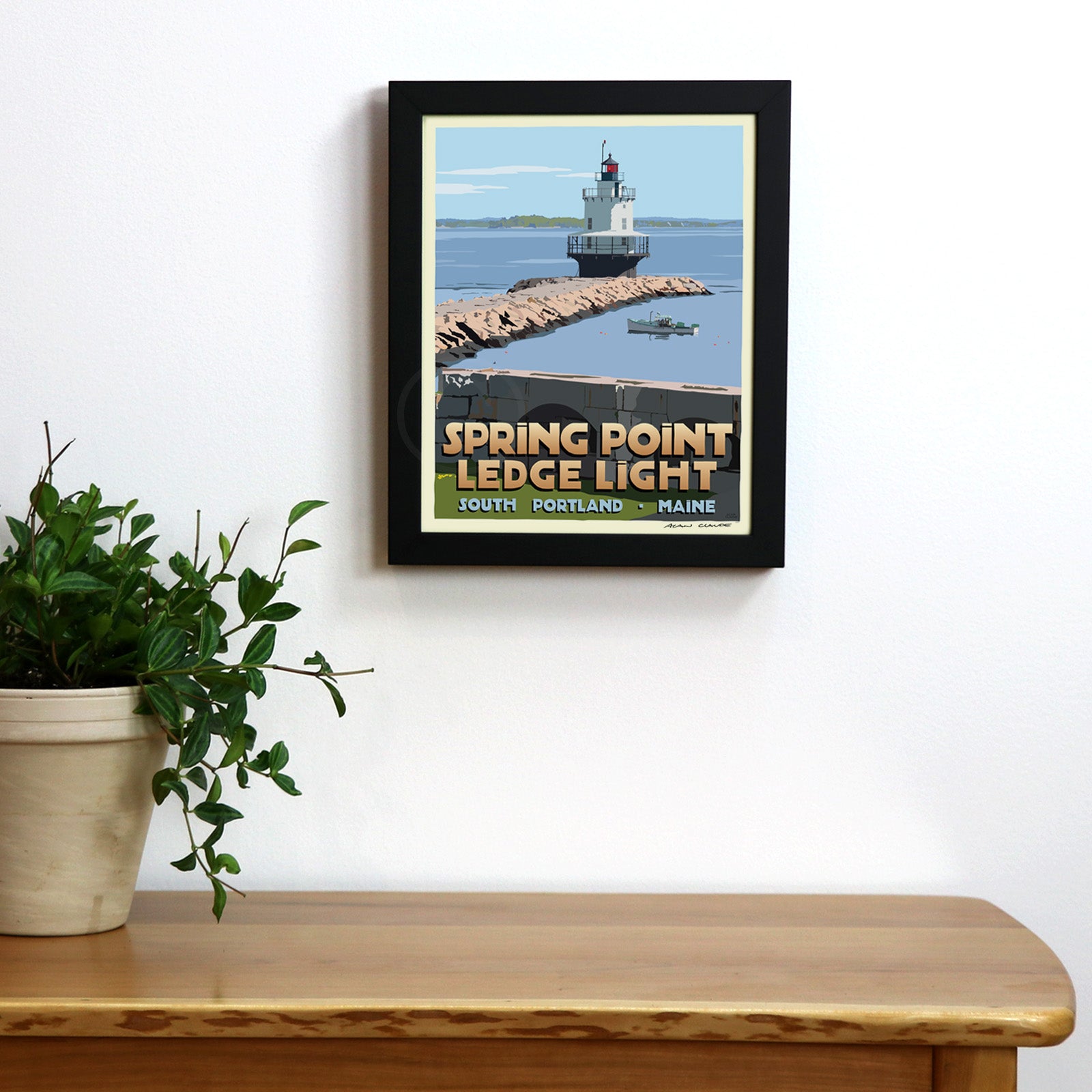 Spring Point Ledge Light Art Print 8" x 10" Framed Travel Poster By Alan Claude - Maine