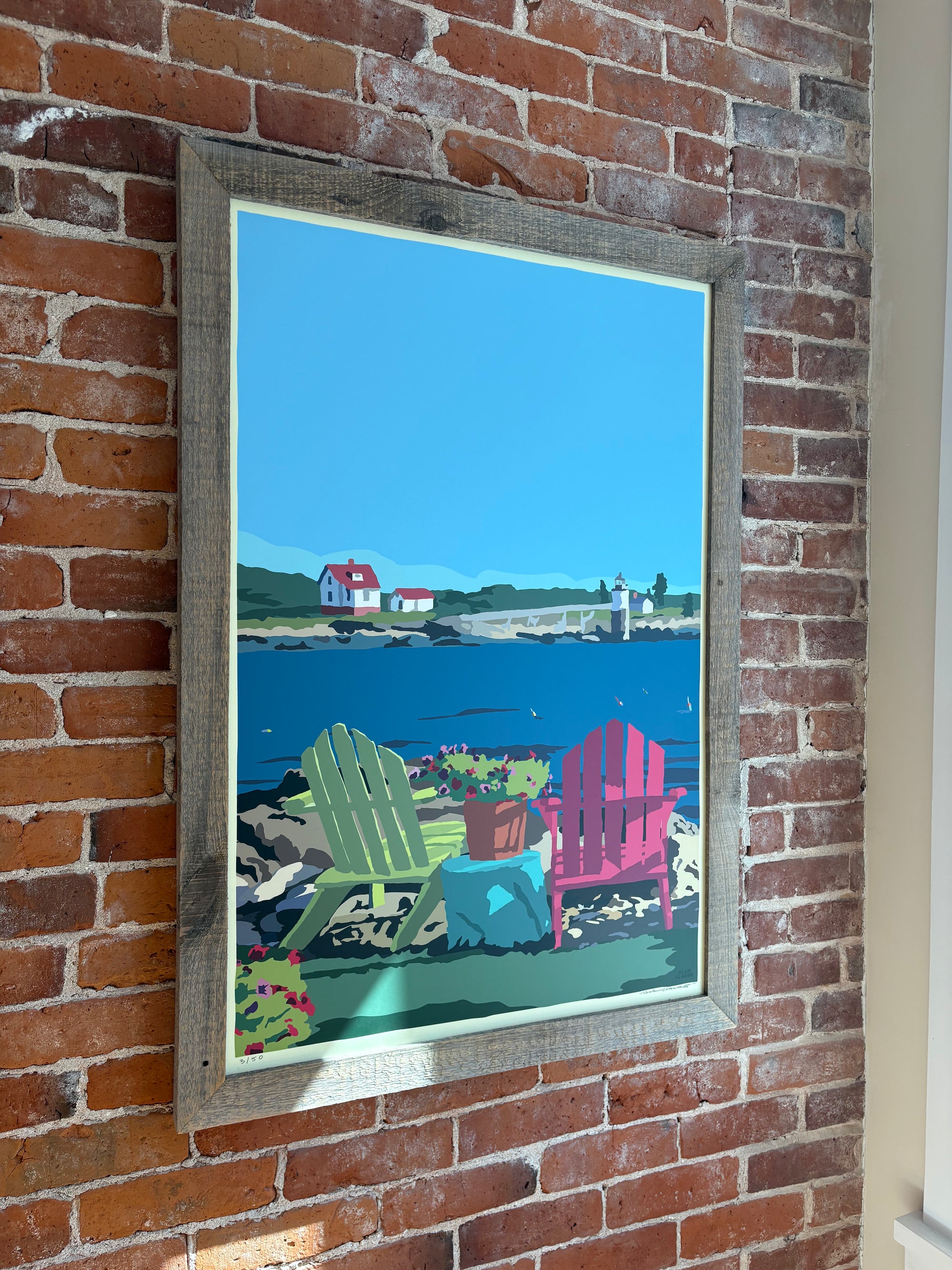 MAINE WOOD FRAME 24" x 36" Framed Chairs Overlooking Ram Island Light