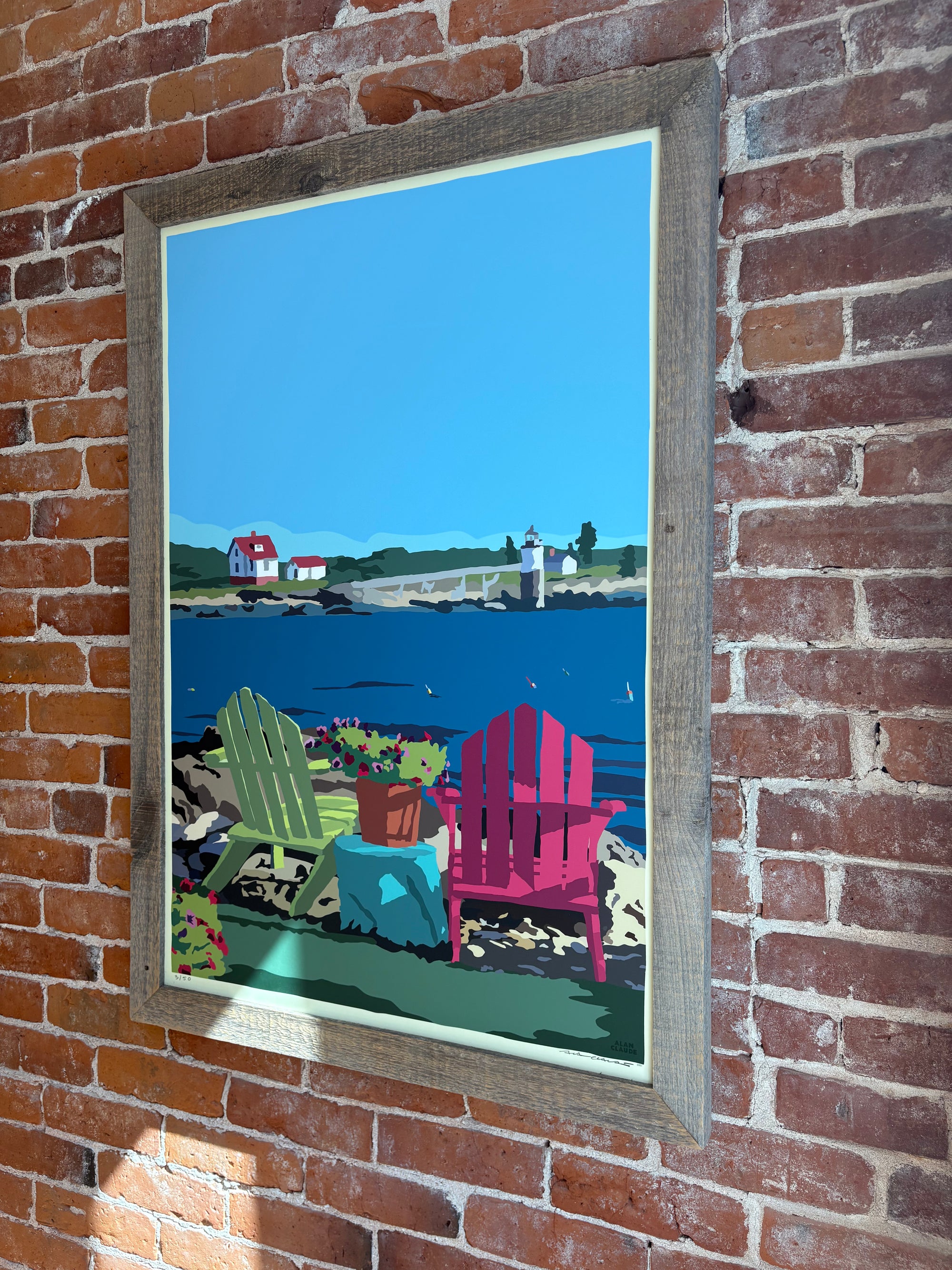 MAINE WOOD FRAME 24" x 36" Framed Chairs Overlooking Ram Island Light
