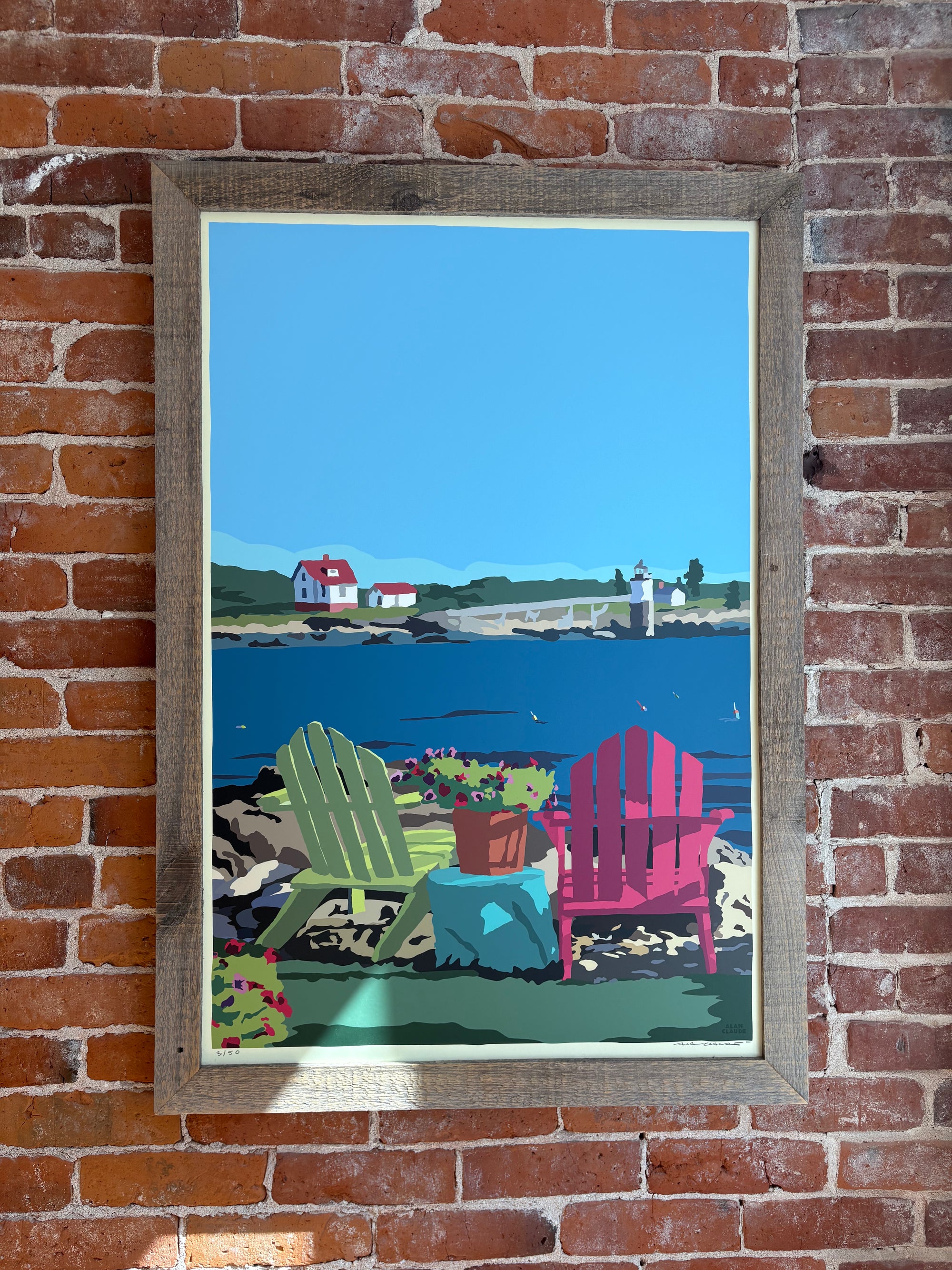 MAINE WOOD FRAME 24" x 36" Framed Chairs Overlooking Ram Island Light