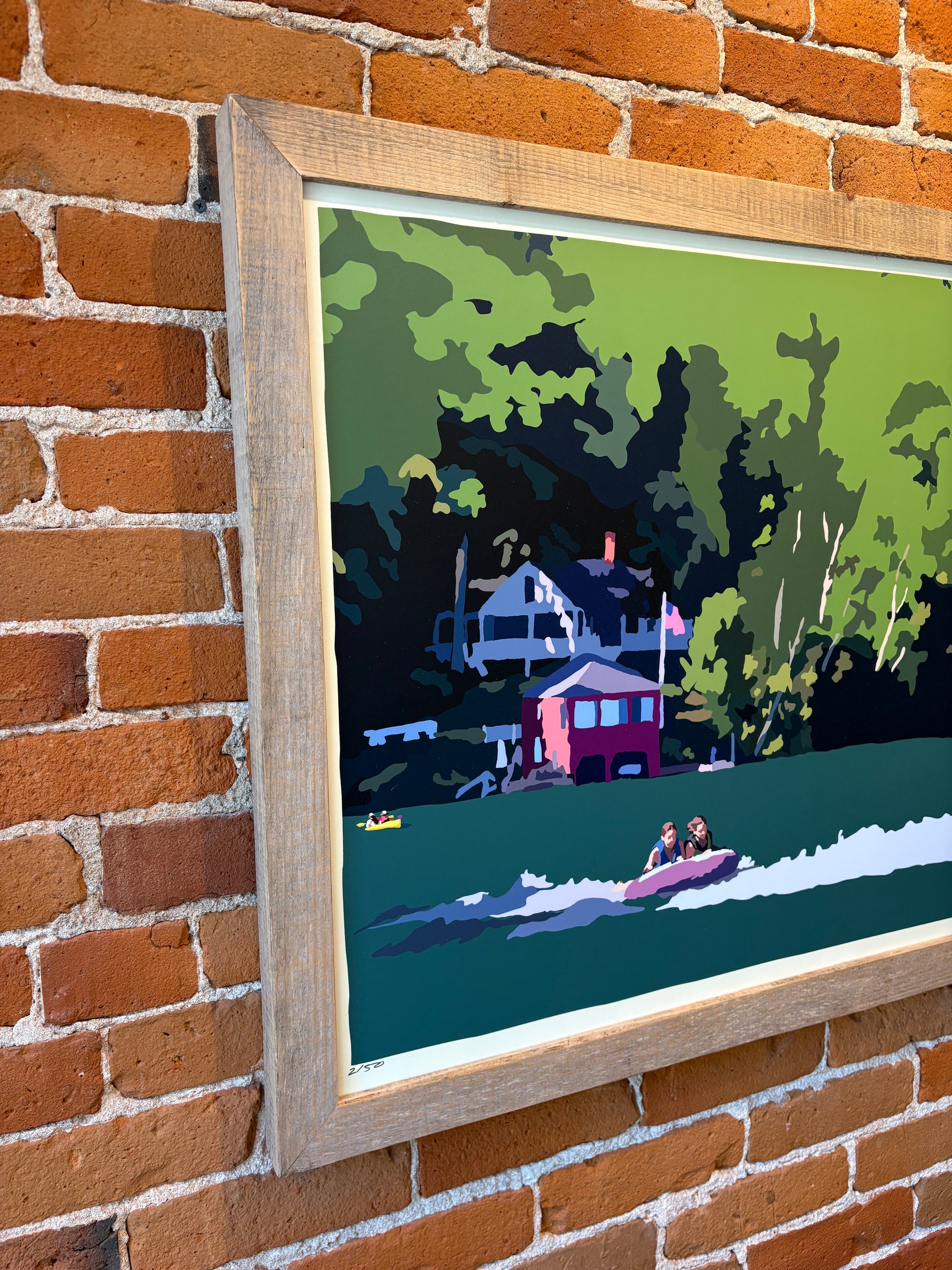 MAINE WOOD FRAME 24" x 36" Framed Tubing on a Lake