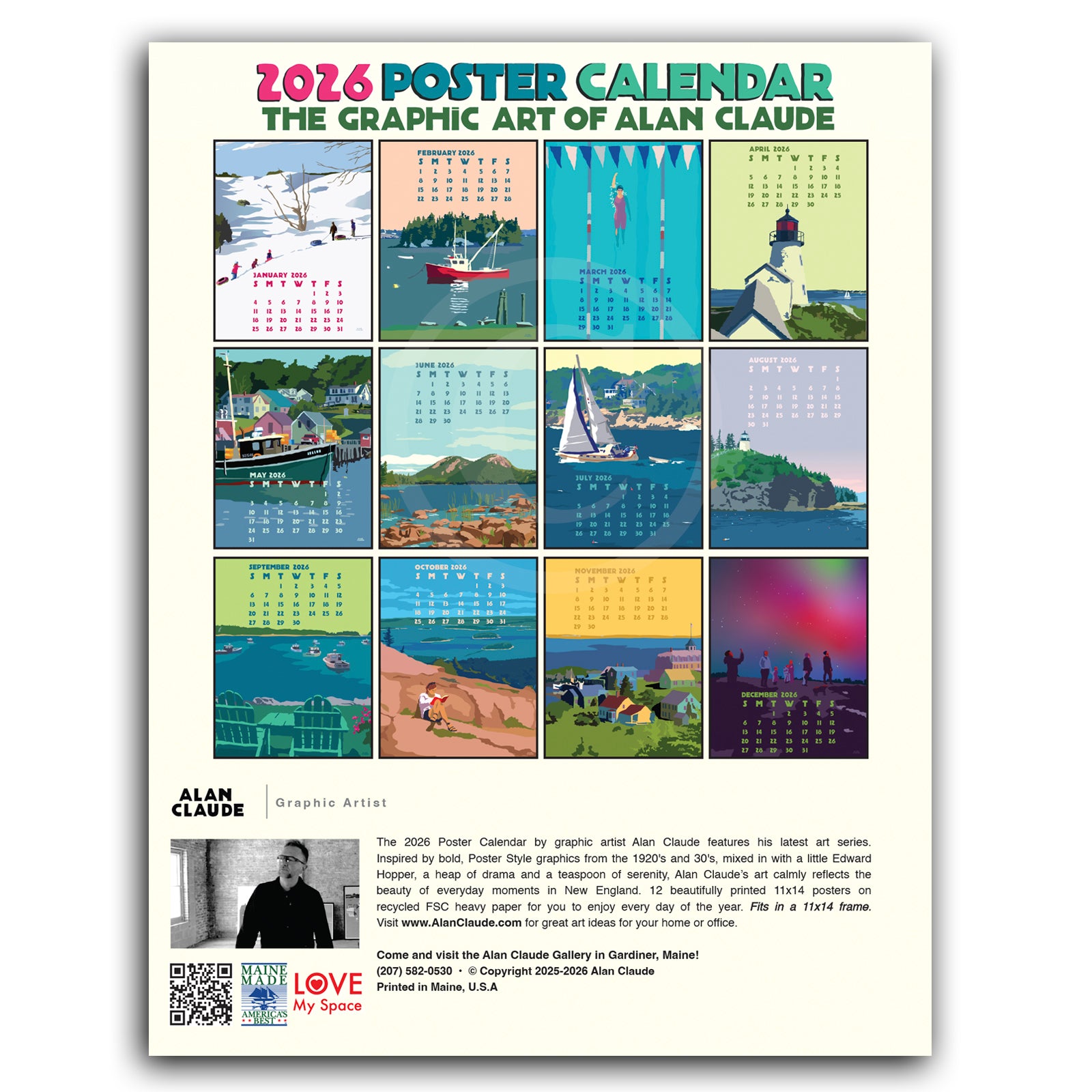 2026 Art Poster Calendar 11" x 14" Retro Vintage Art Style by Alan Claude Graphic Artist