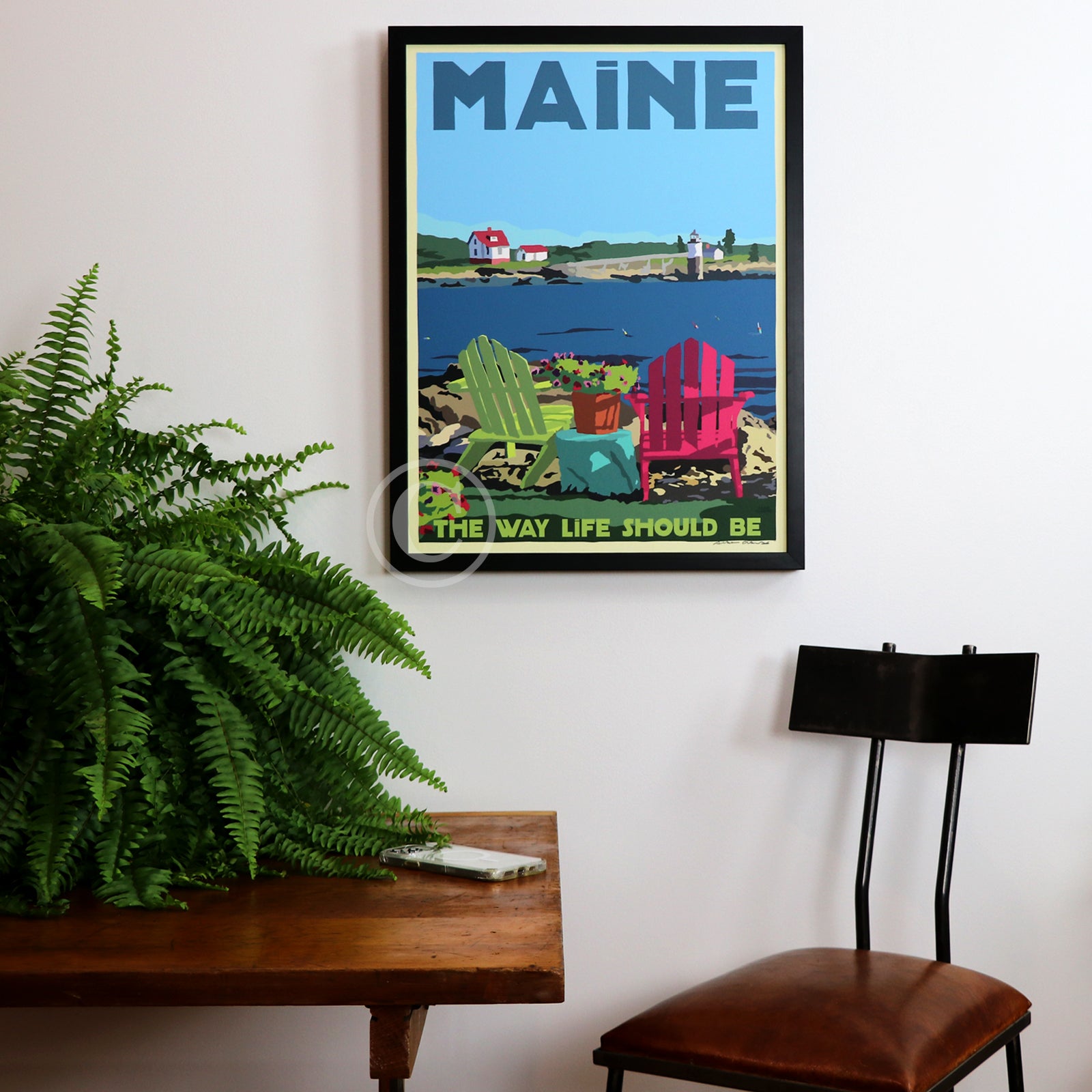 Chairs Overlooking Ram Island Light Art Print 18" x 24" Framed Travel Poster By Alan Claude - Maine
