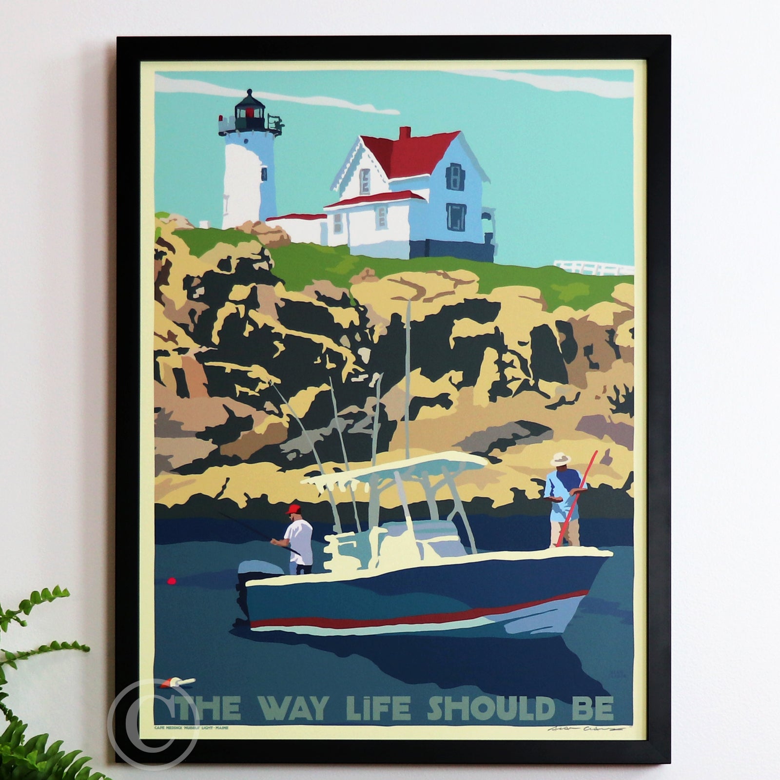 Fishing at the Nubble Art Print 18" x 24" Framed Travel Poster By Alan Claude - Maine