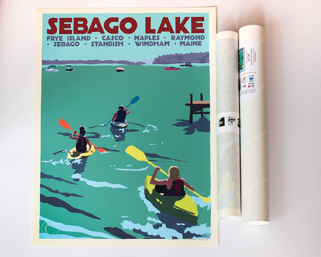 Sebago Lake kayakers Art Print 18" x 24" Travel Poster By Alan Claude - Maine