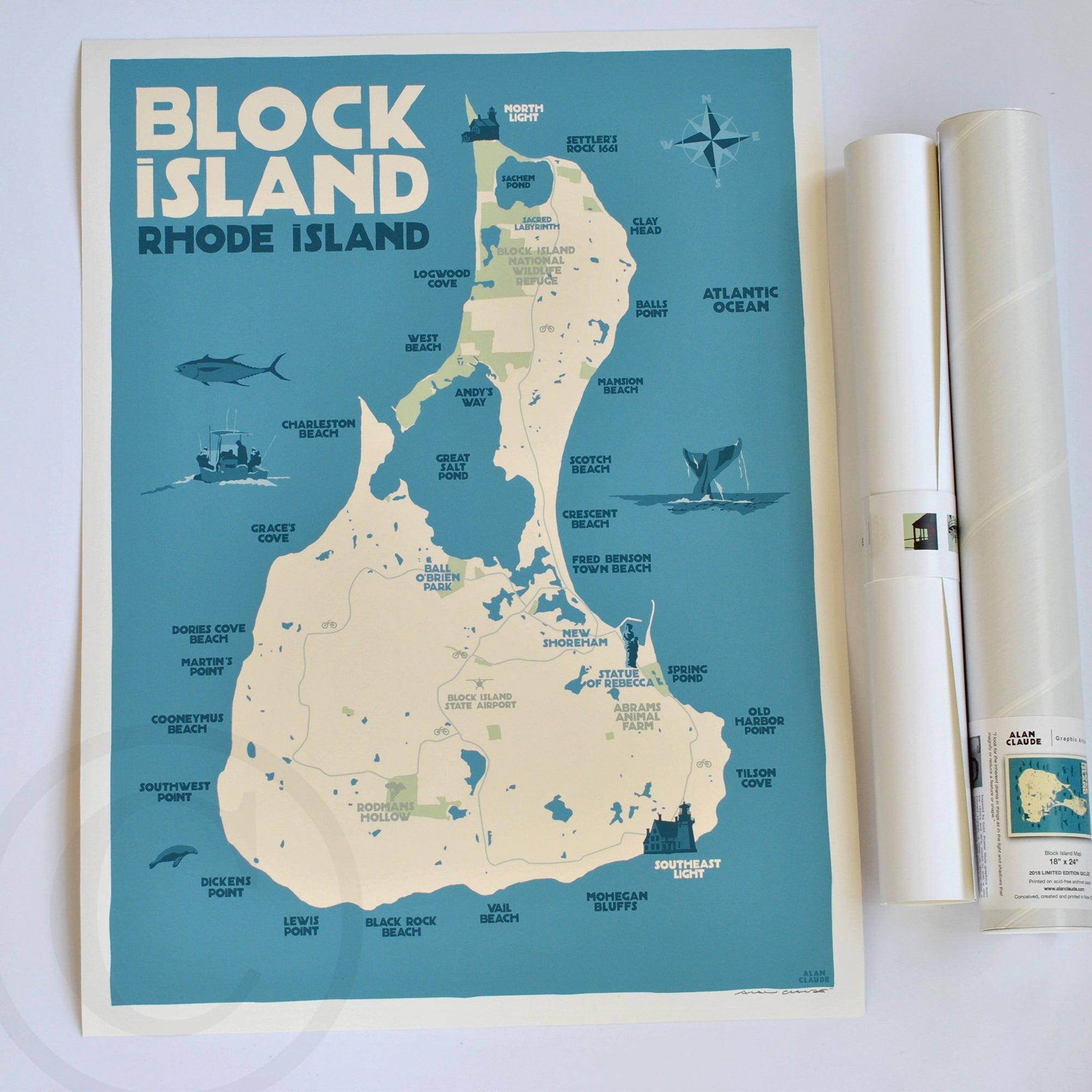 Block Island Map Art Print 18" x 24" Travel Poster By Alan Claude - Rhode Island