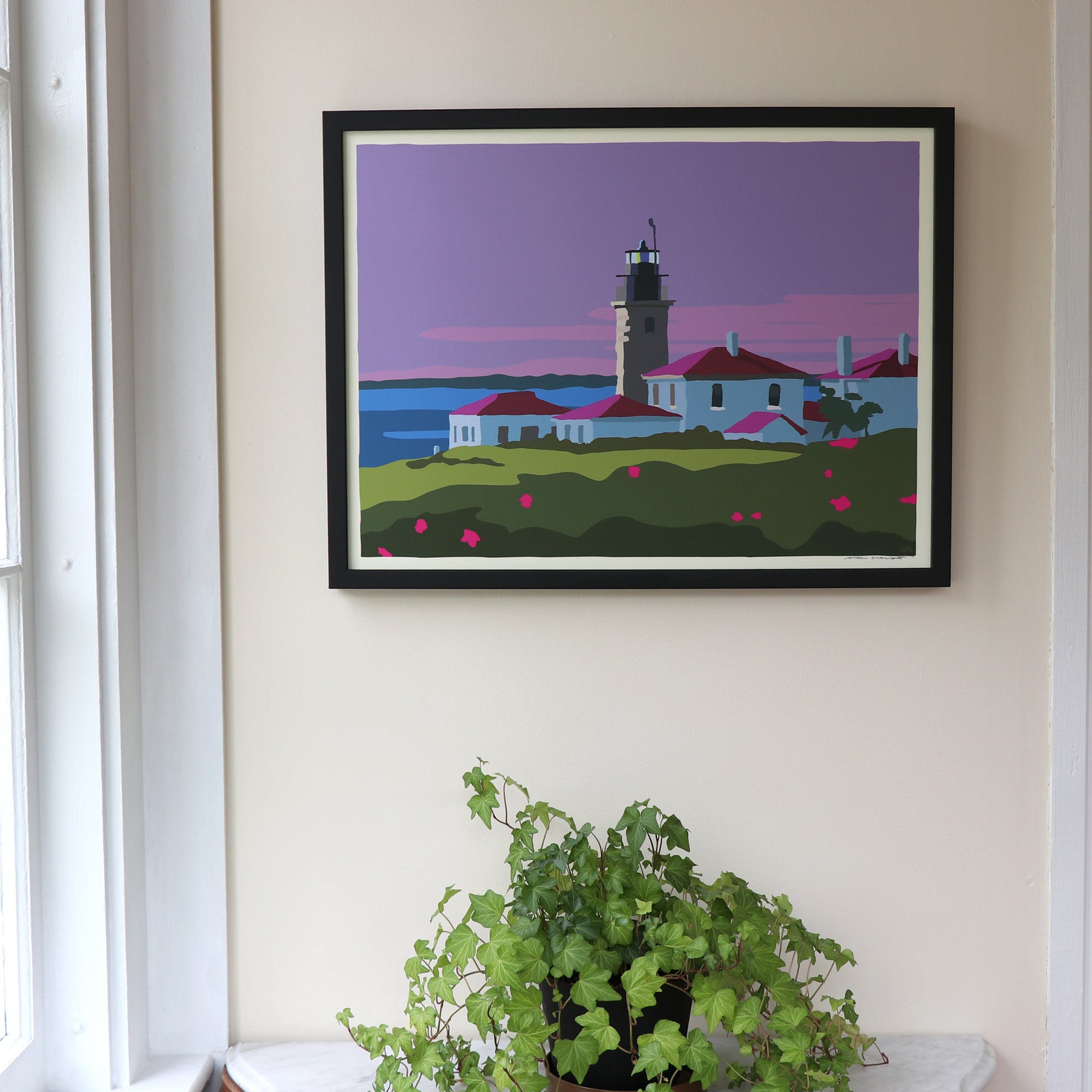 Sunrise At Beavertail Light Art Framed Print 18" x 24" Horizontal Wall Poster - Rhode Island