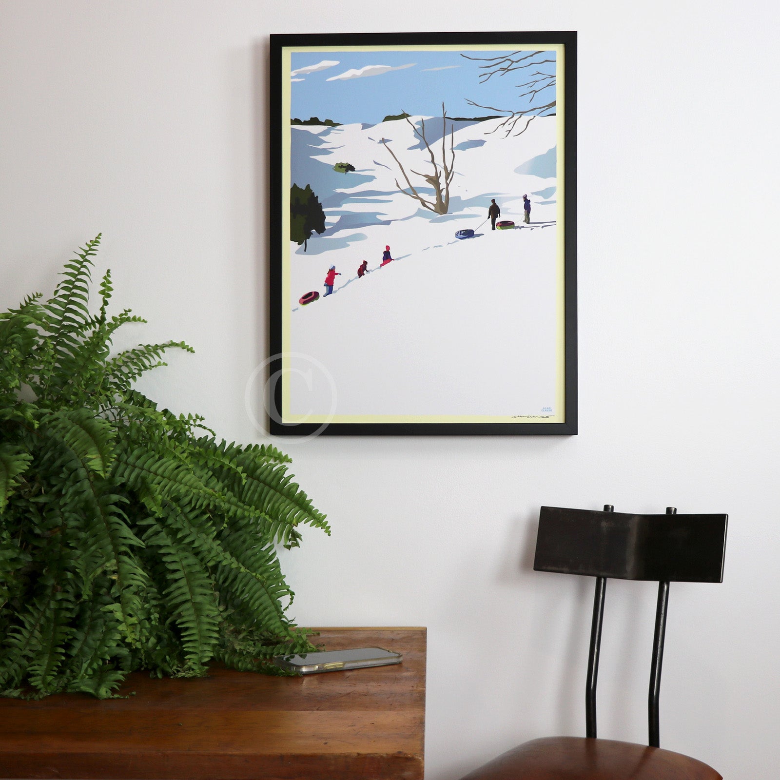 Snow Kids Art Print 18" x 24" Framed Wall Poster By Alan Claude - Maine